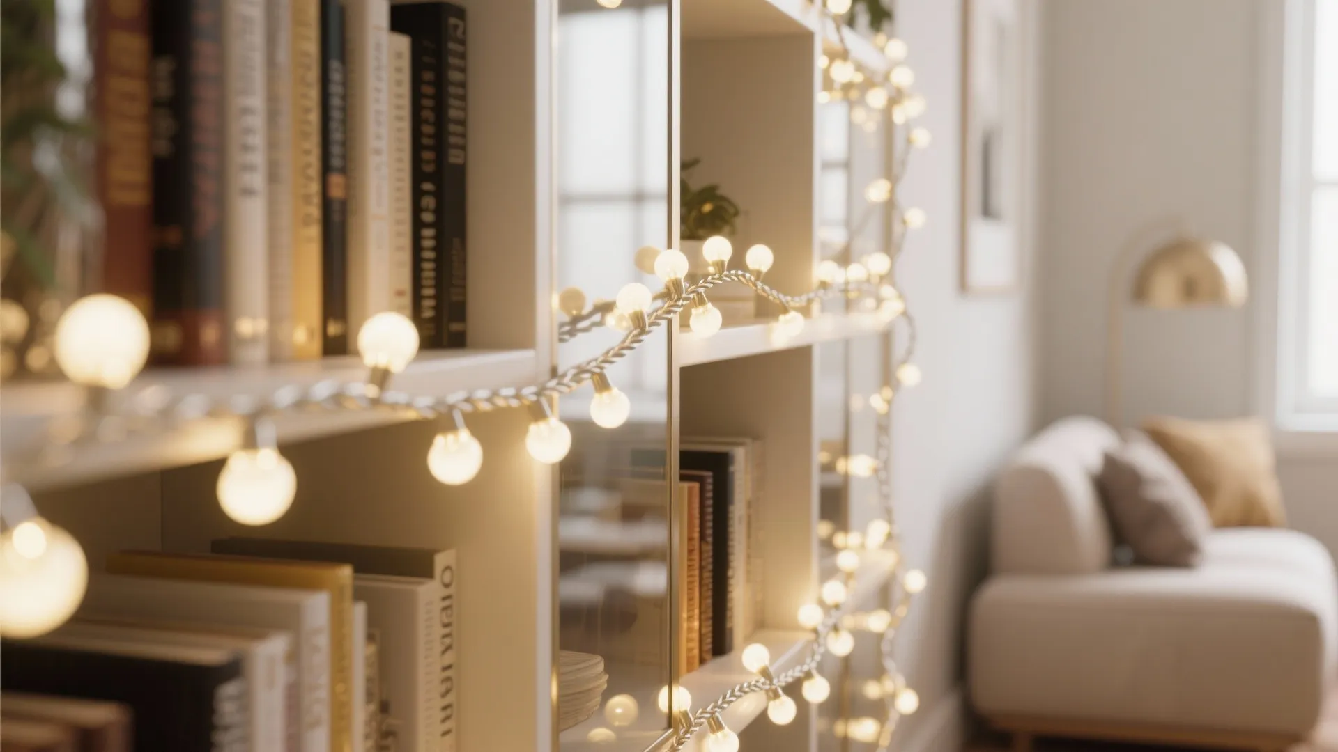 Warm white fairy lights wrapped around a bookshelf in a modern living room