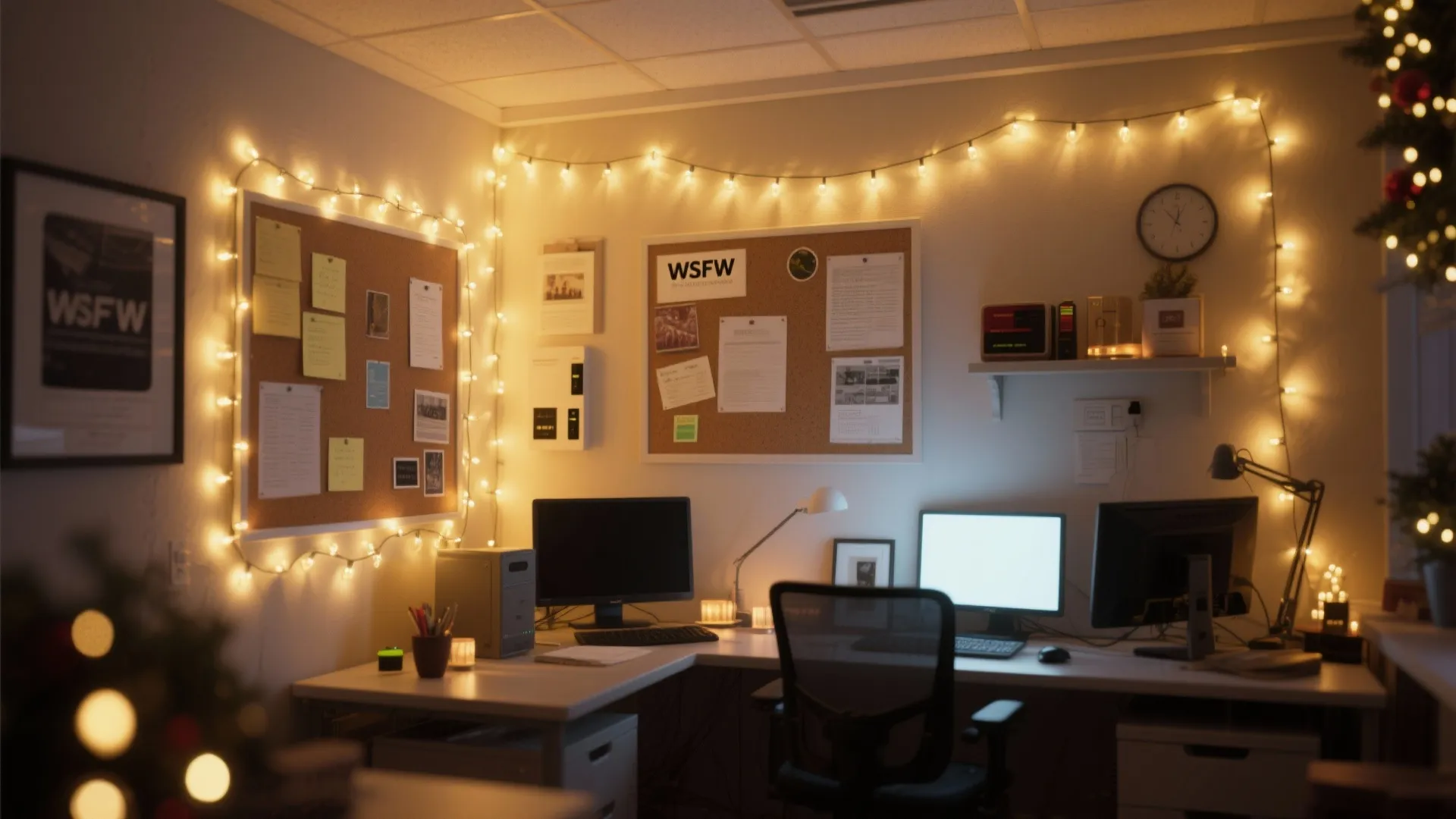 Cozy home office with fairy lights on walls two bulletin boards computer monitors and desk chair
