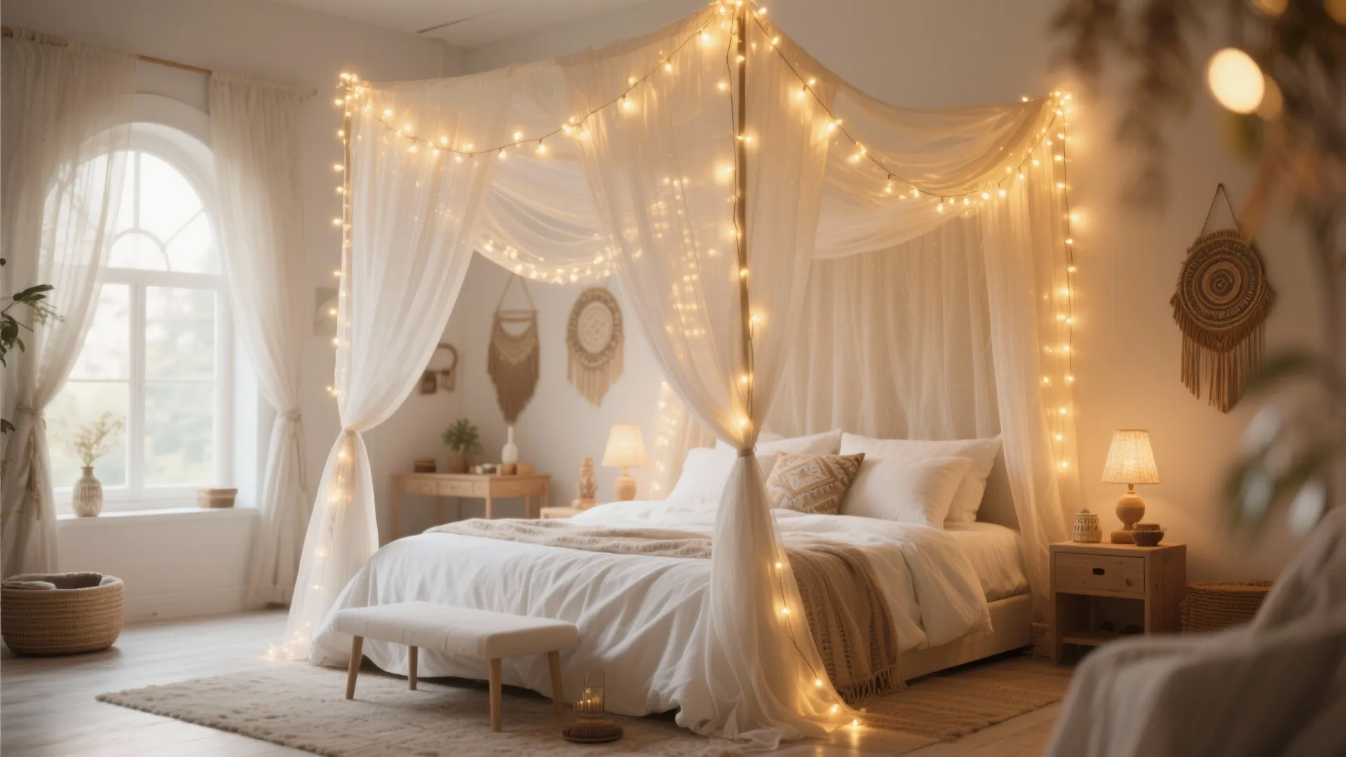 Cozy bedroom featuring white canopy bed with warm string lights and boho style wall decor items