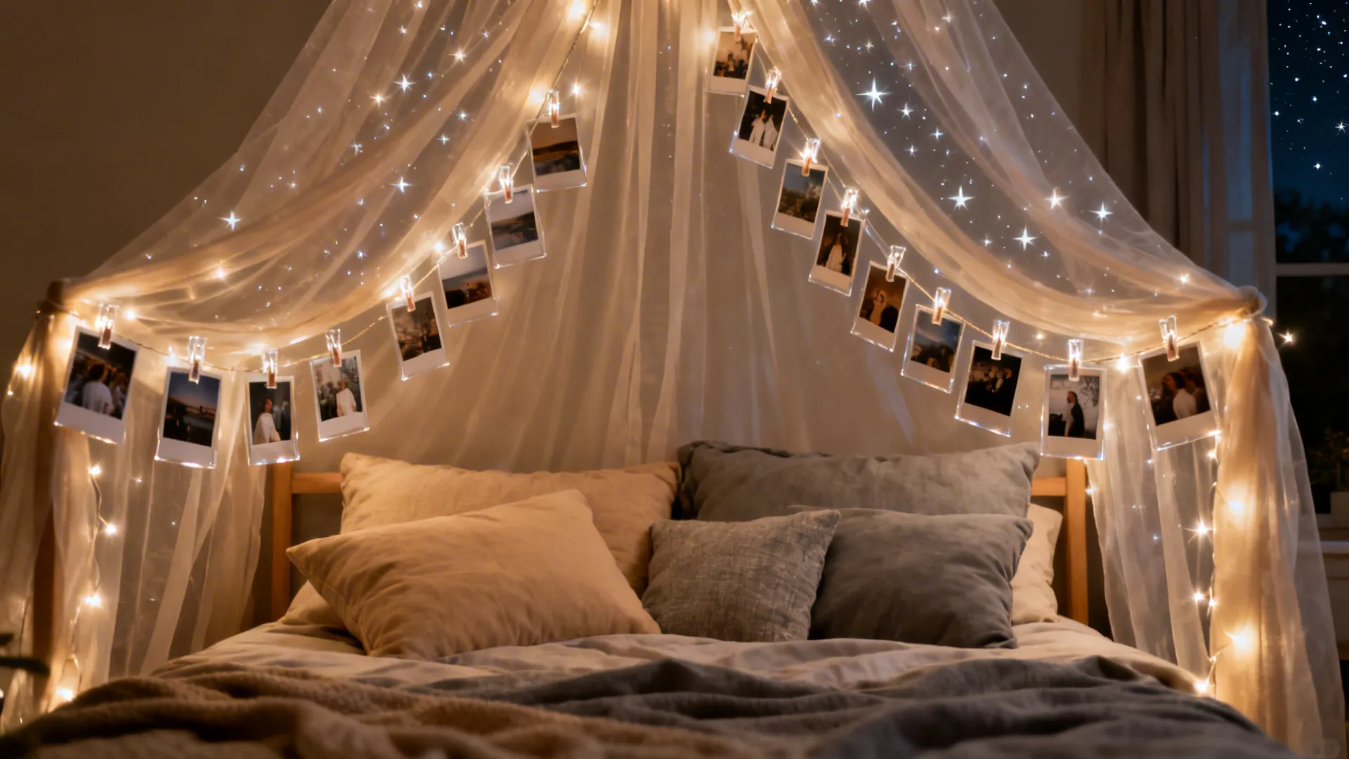 Bedroom canopy with diffused fairy lights and clipped mini photo prints for a dreamy glow.