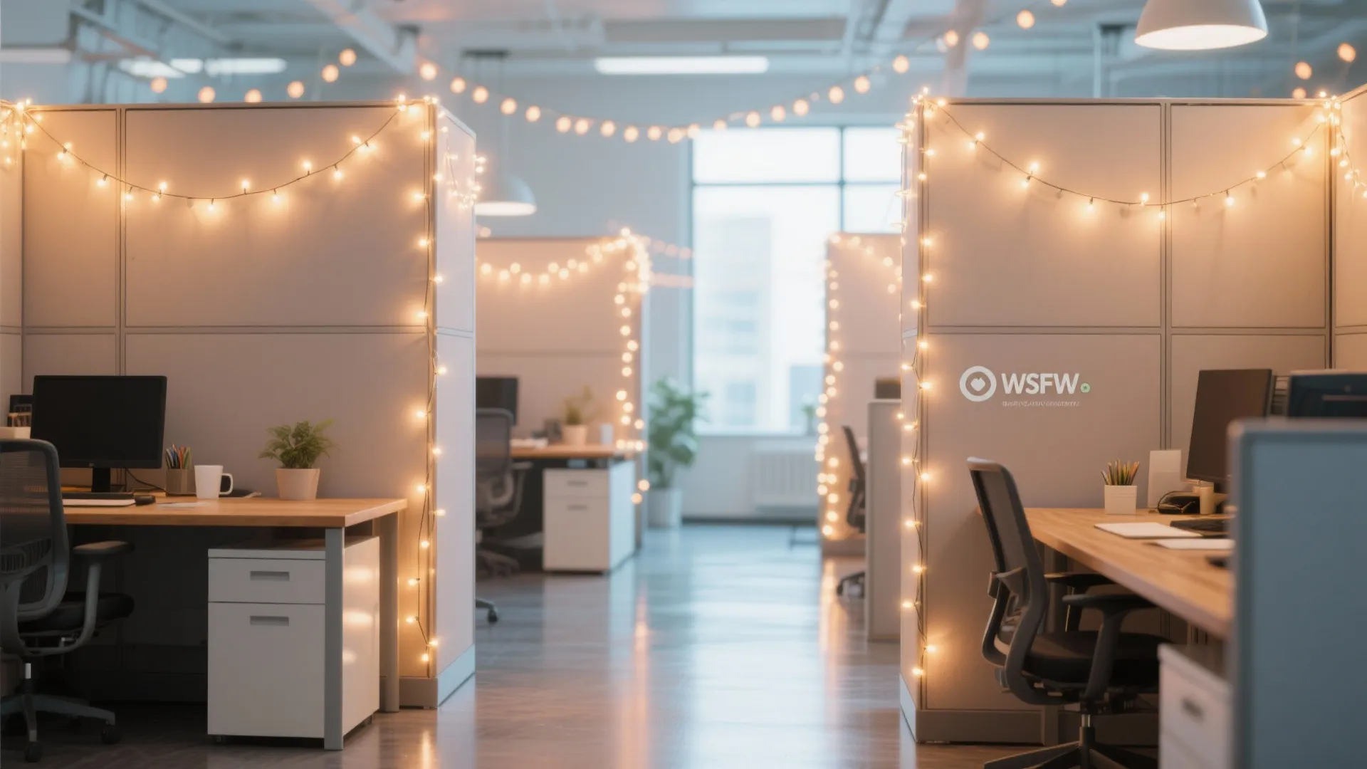 1. Fairy Light Drapes Around Workstations