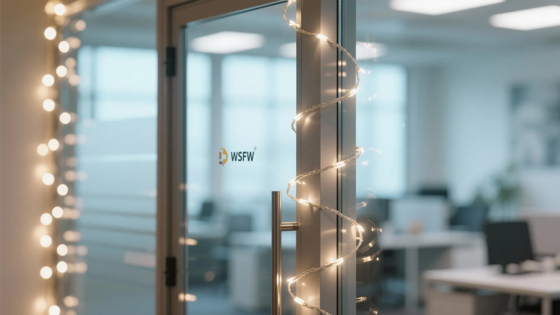 Glass office door decorated with string lights showing a blurry background of desks and computers