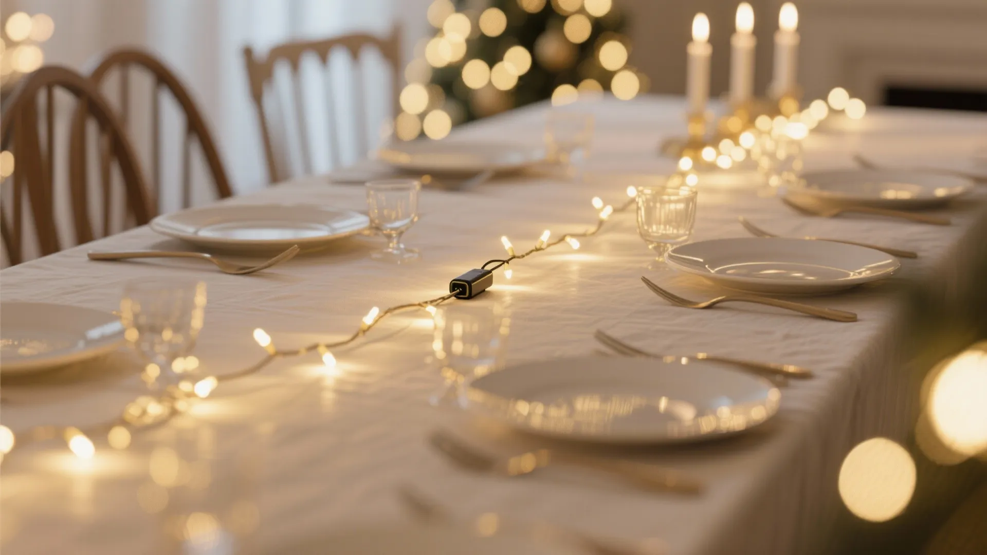 Long dining table decorated with white fairy lights plates and candles for a holiday celebration