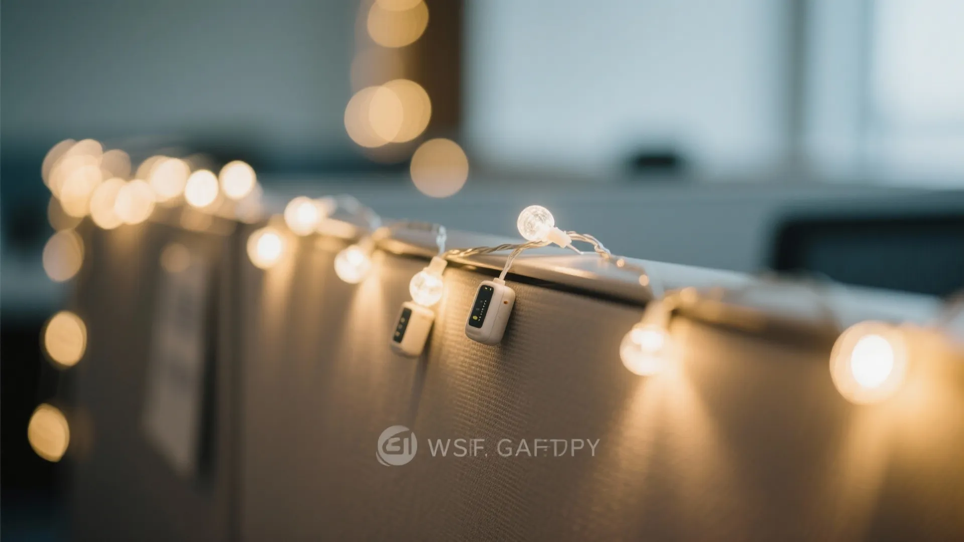 Warm fairy lights hanging on a grey office cubicle wall to create a festive atmosphere