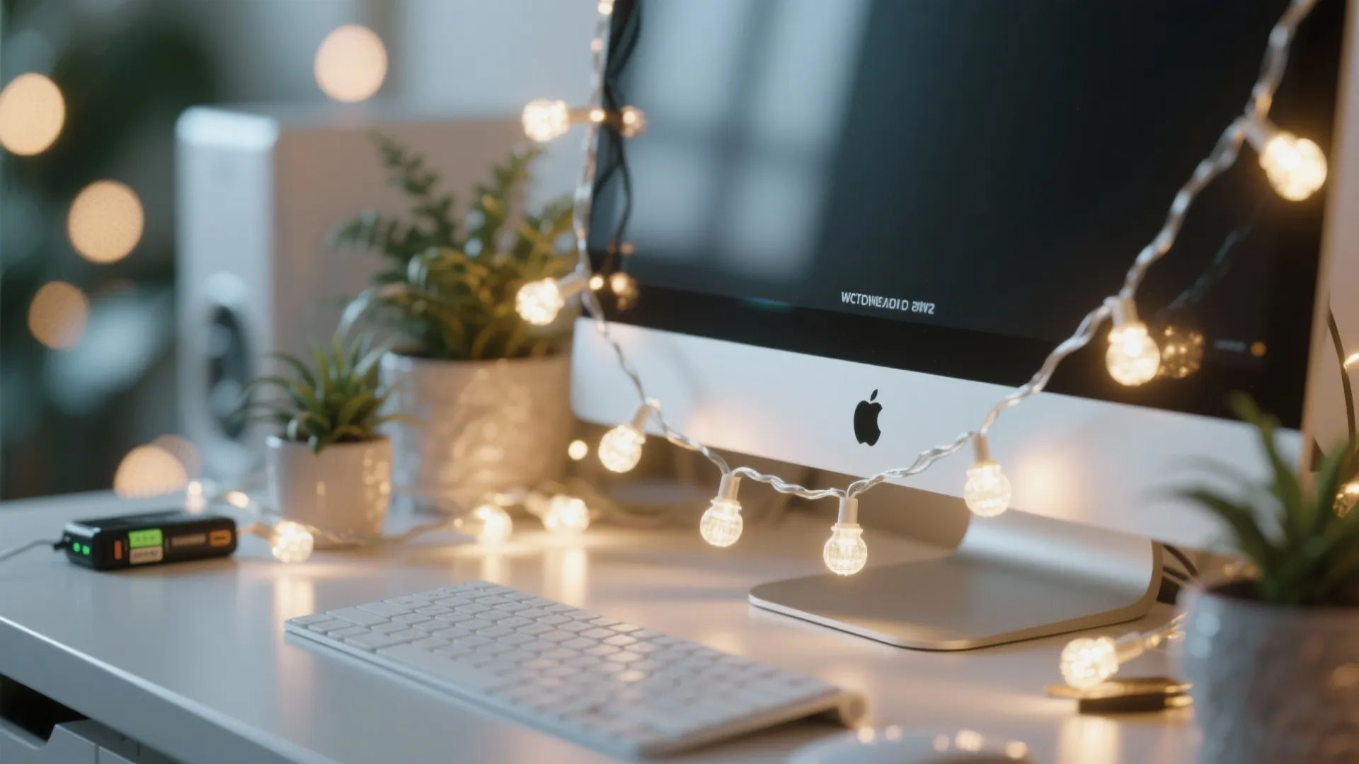 Modern white desk with computer monitor decorated with warm string lights and small green plants