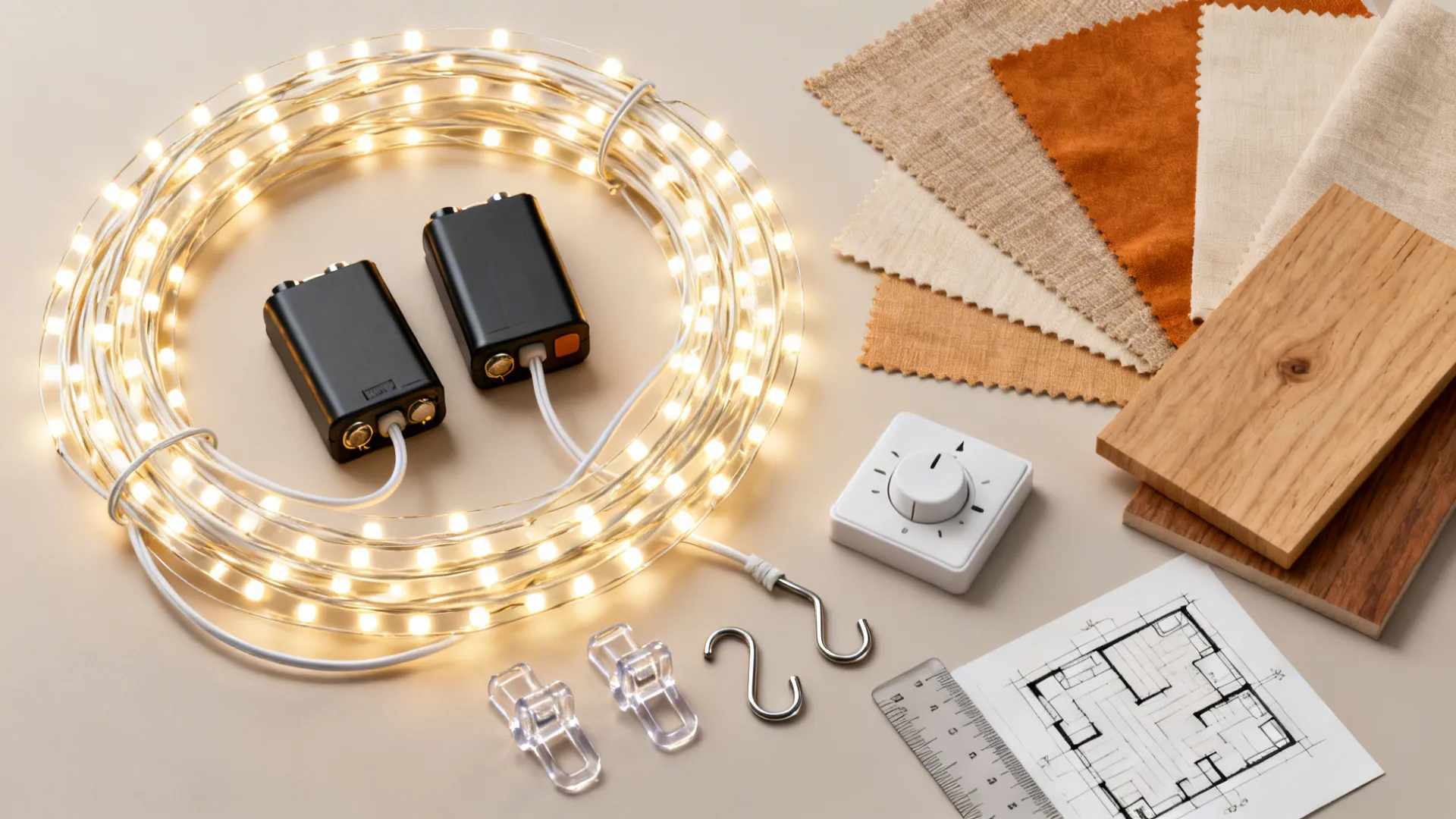 Top-down flatlay of fairy light planning items: LED strands, dimmer, hooks, cable clips and fabric swatches
