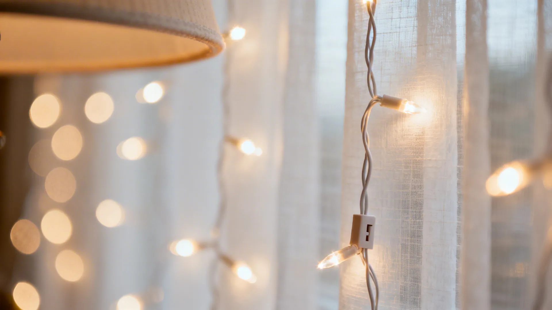 Close-up of warm fairy lights glowing through sheer curtains with soft bokeh.