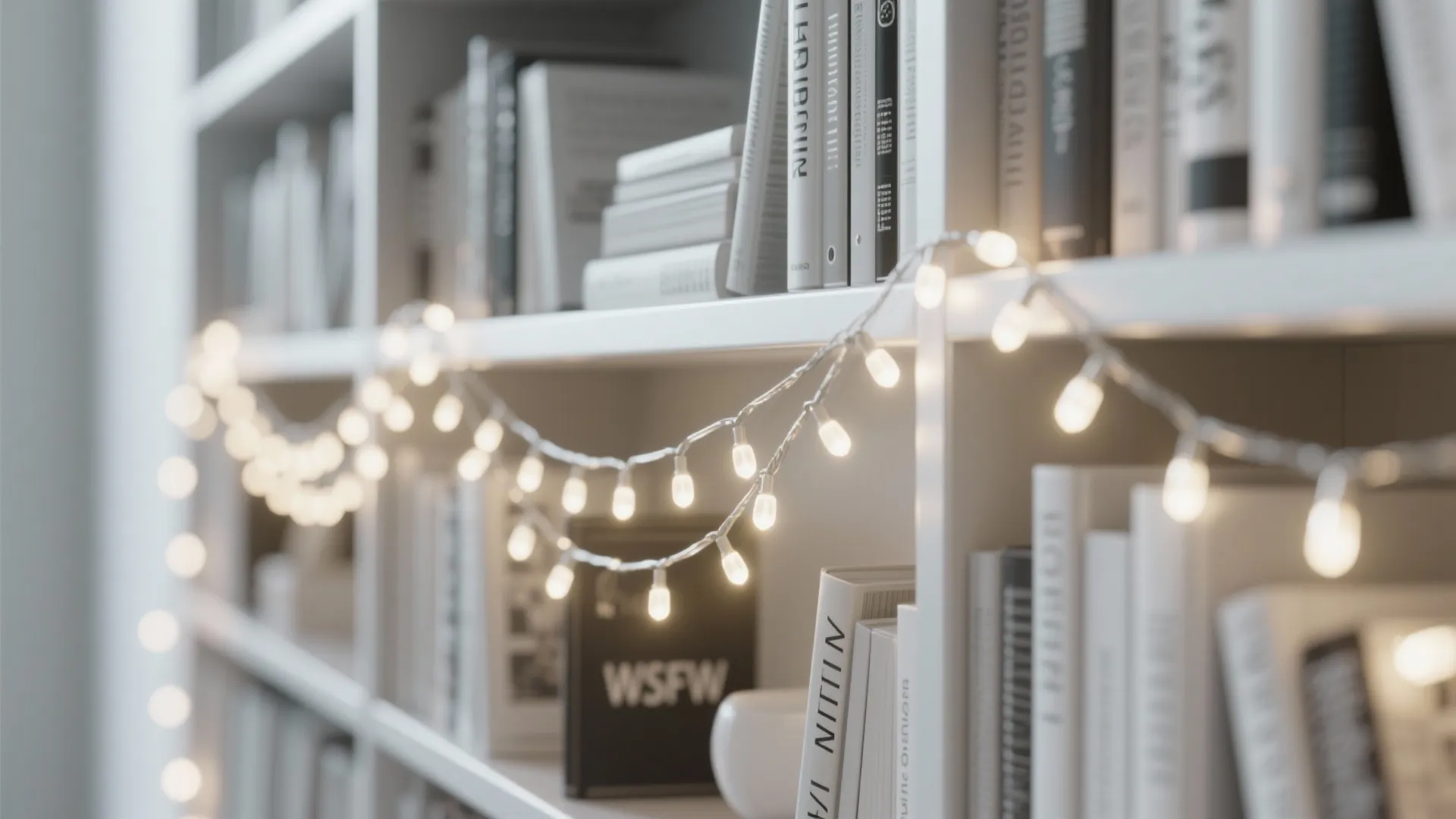 White bookshelf filled with books and glowing string lights hanging across the front of shelves
