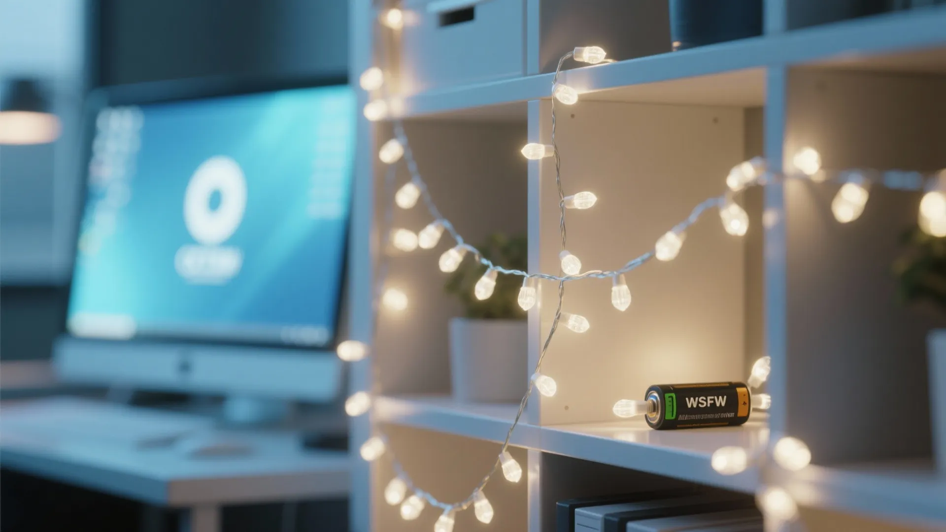 Warm string lights draped over a white bookshelf in a modern office with a monitor