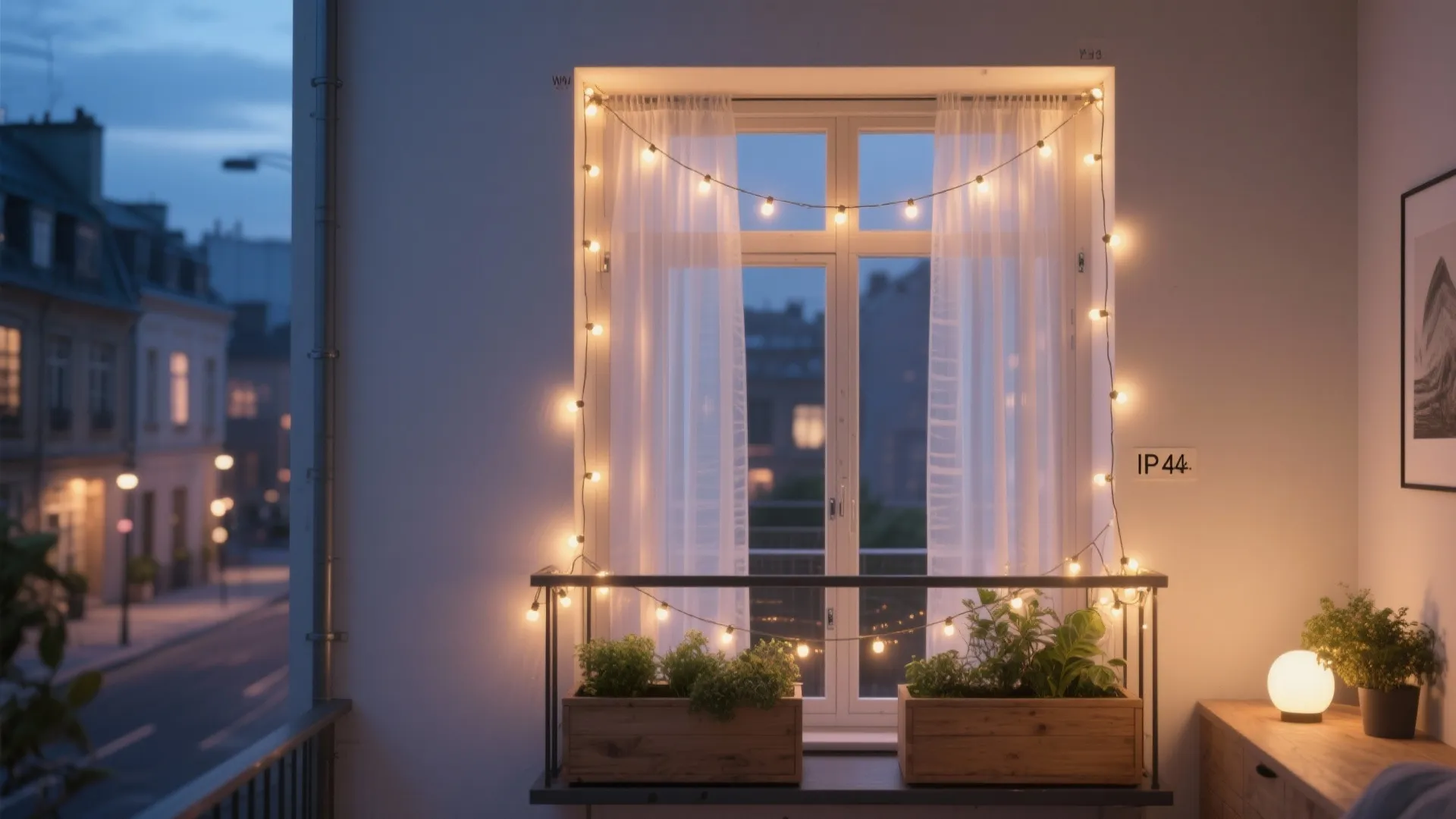 Warm fairy lights hanging around white windows with thin curtains and wooden plant boxes below