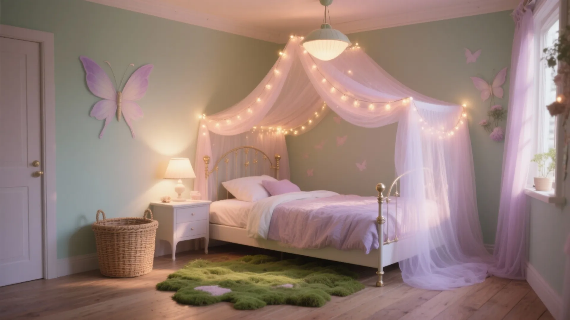 Pink canopy bed with fairy lights purple butterfly wall decor green moss rug and nightstand