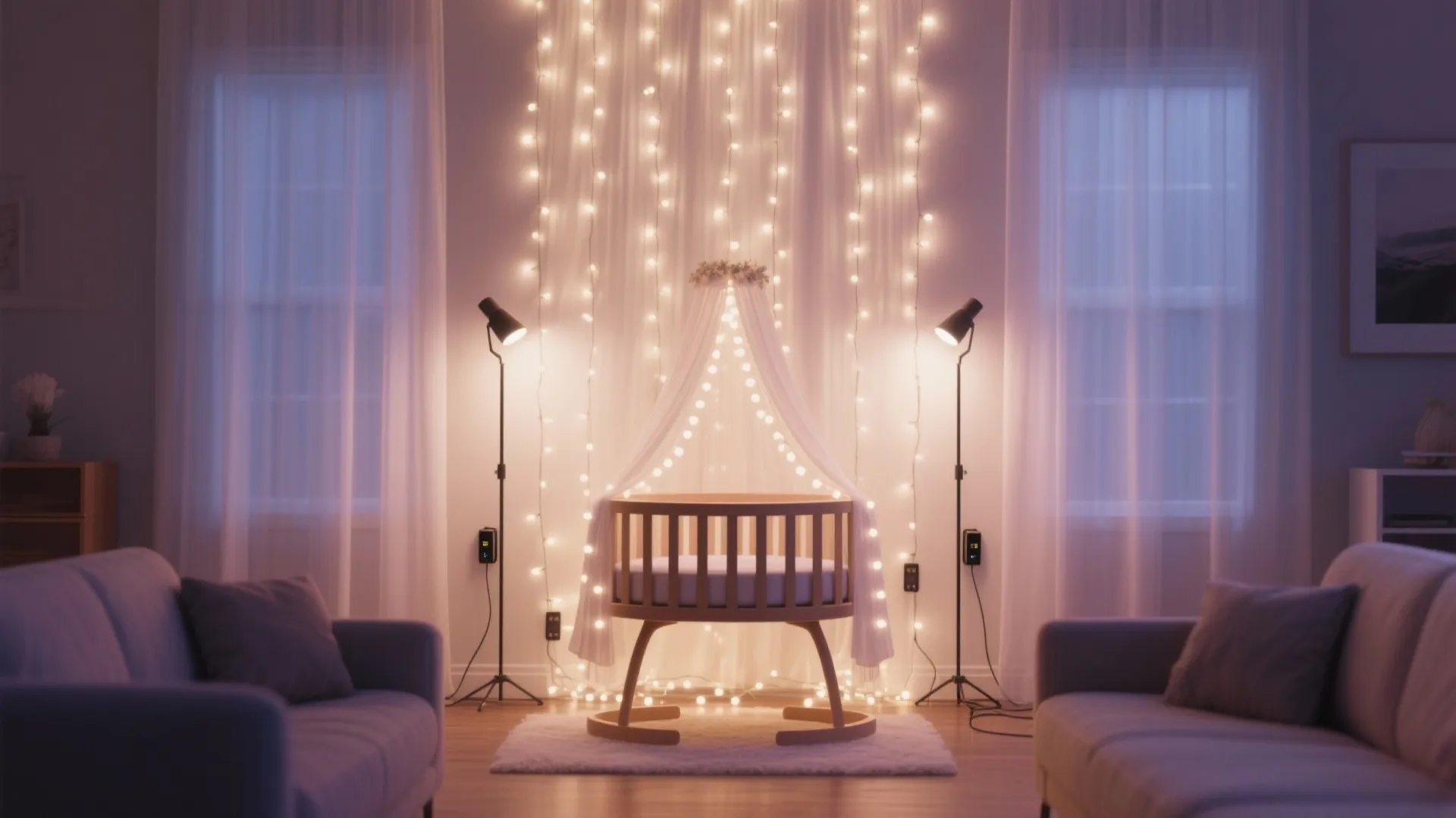 Baby crib in center of room with glowing string lights behind white curtains and sofas