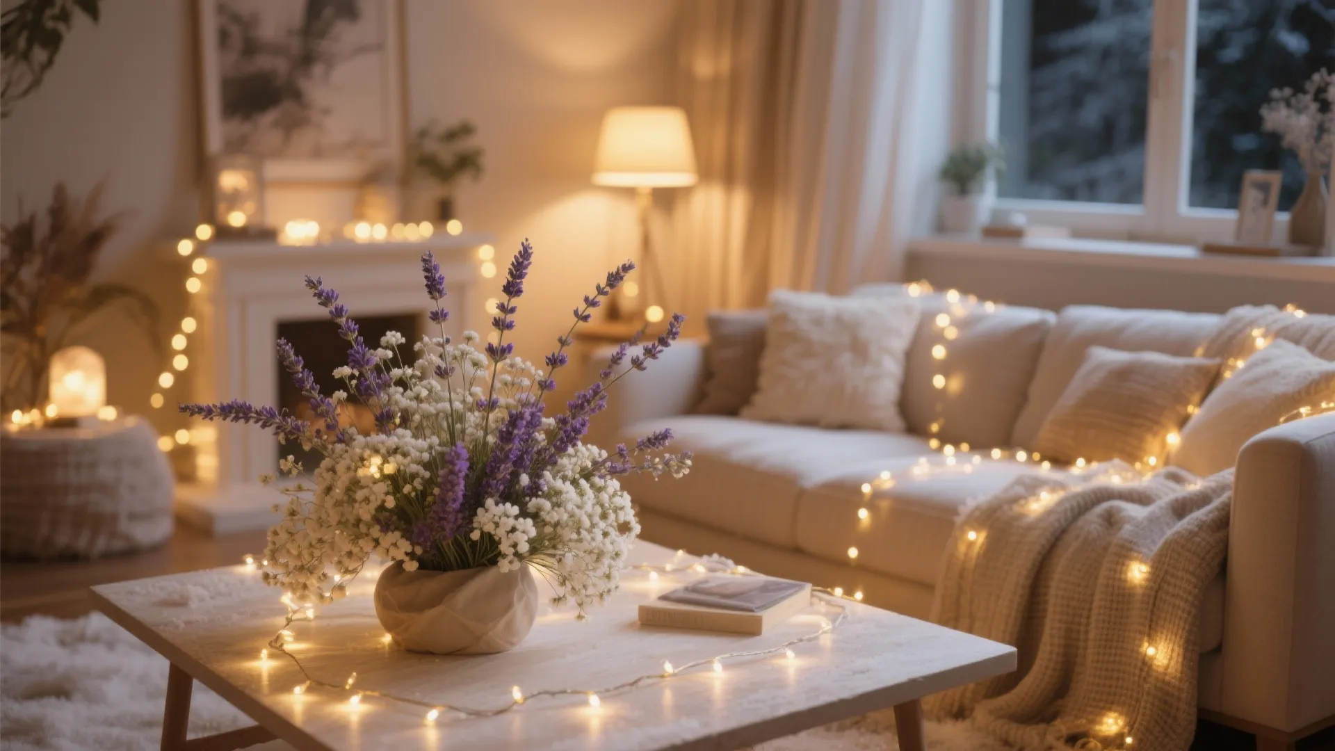 Fairy lights with dried floral arrangements