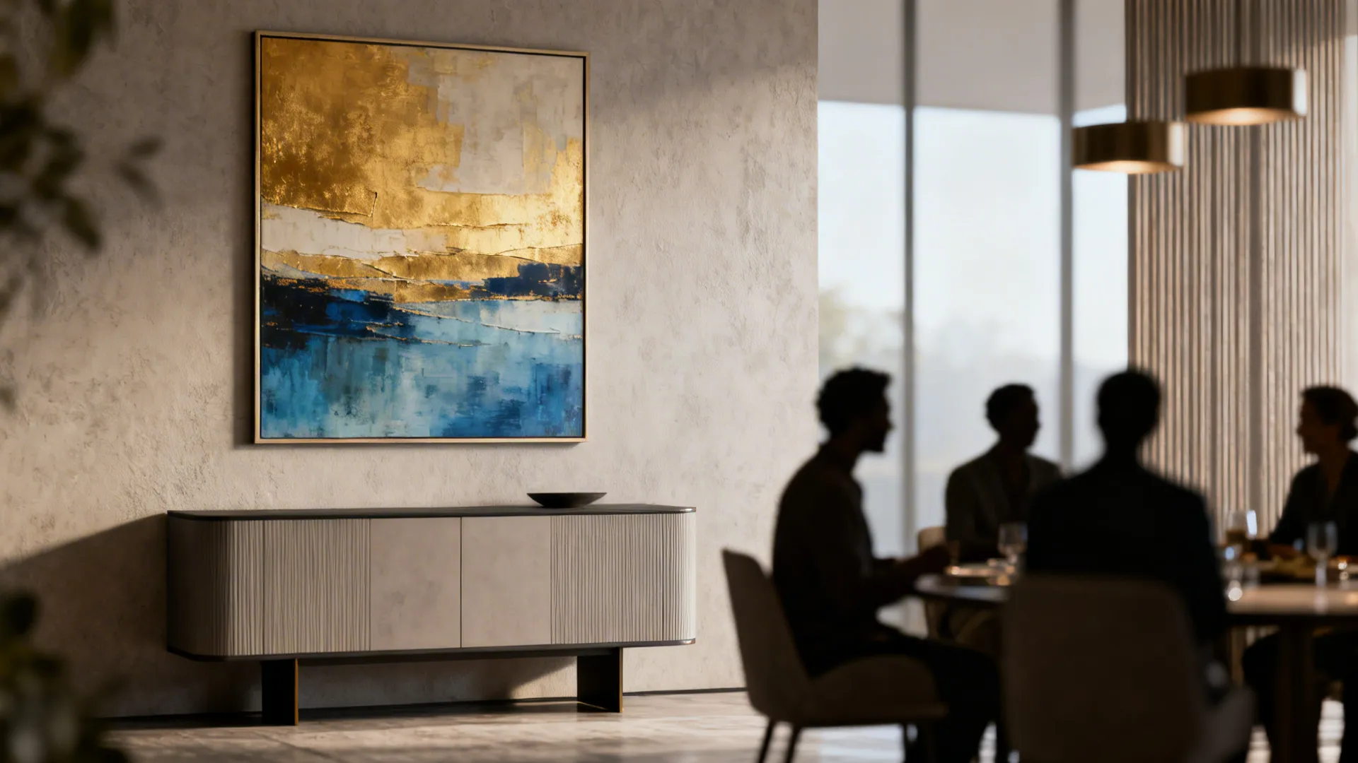 Dining wall with a commissioned faith-inspired abstract painting and warm surroundings