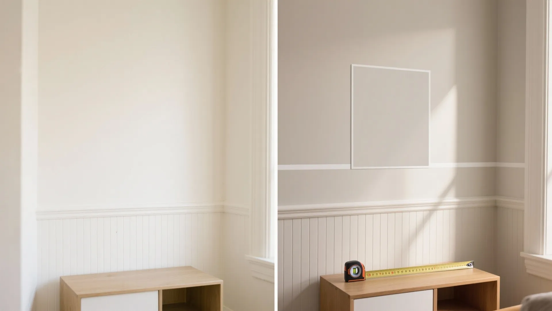 Before and after comparison of a plain white wall versus a painted wall with panel