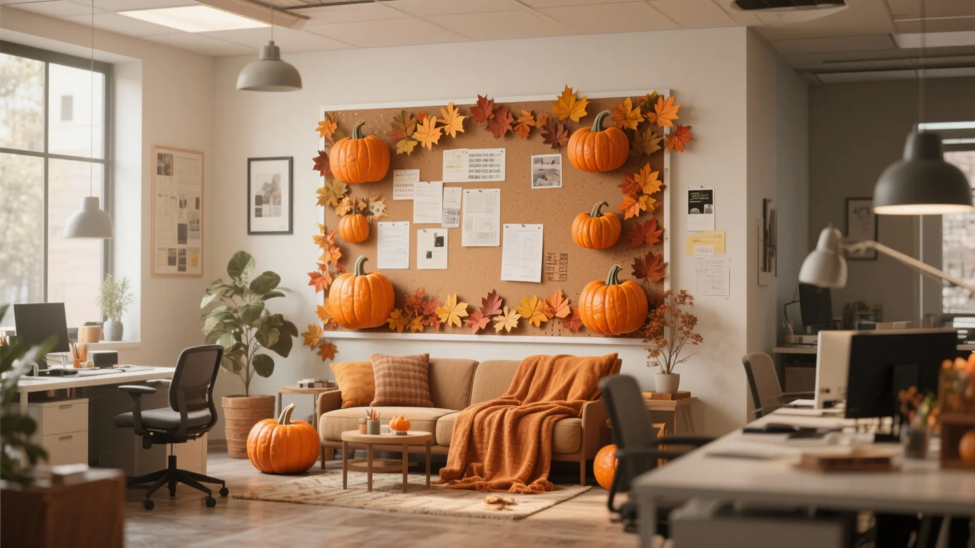 Modern office interior with sofa pumpkins fall leaves on board and desks with computer monitors