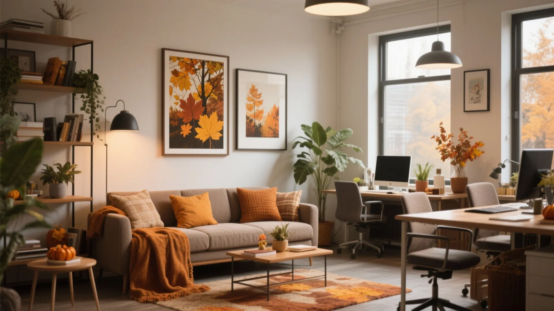 Cozy office interior with grey sofa, orange pillows, autumn wall art, and wooden work desks