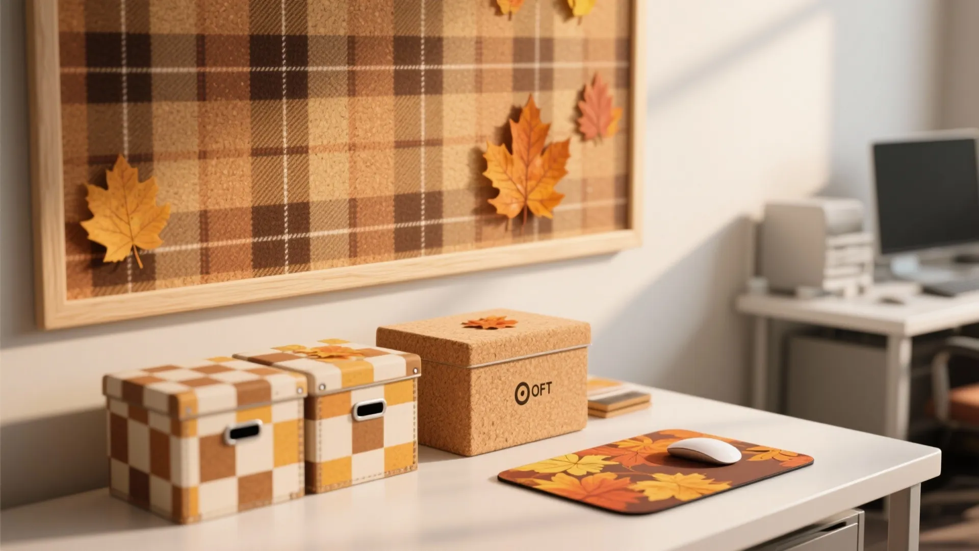 Desk with autumn leaf mousepad storage boxes and cork board decorated with paper maple leaves