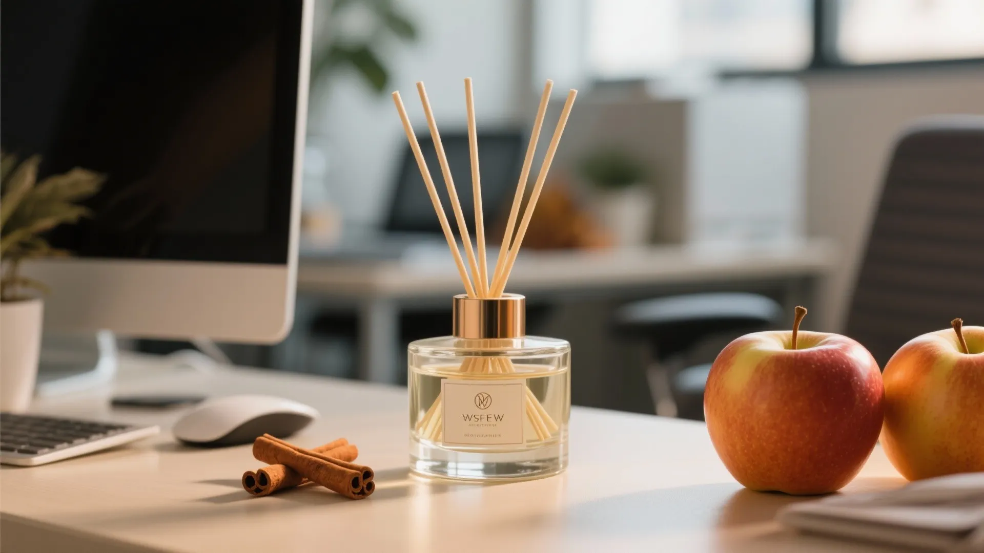 Glass scent diffuser with wooden sticks next to cinnamon and red apples on an office desk