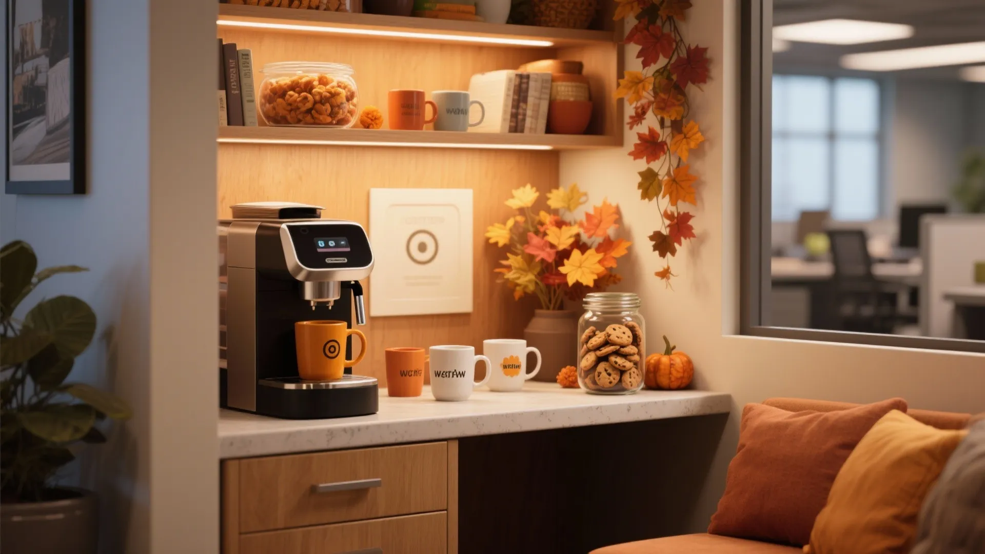 Office snack corner with coffee machine mugs cookies and orange autumn leaves on white marble counter