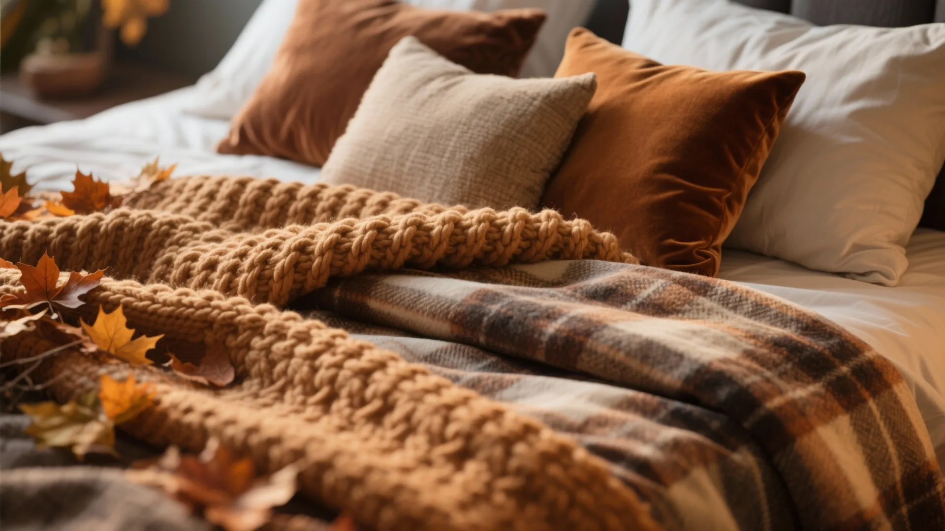 Close up of bed with chunky knit blanket plaid throw pillows and orange maple leaves