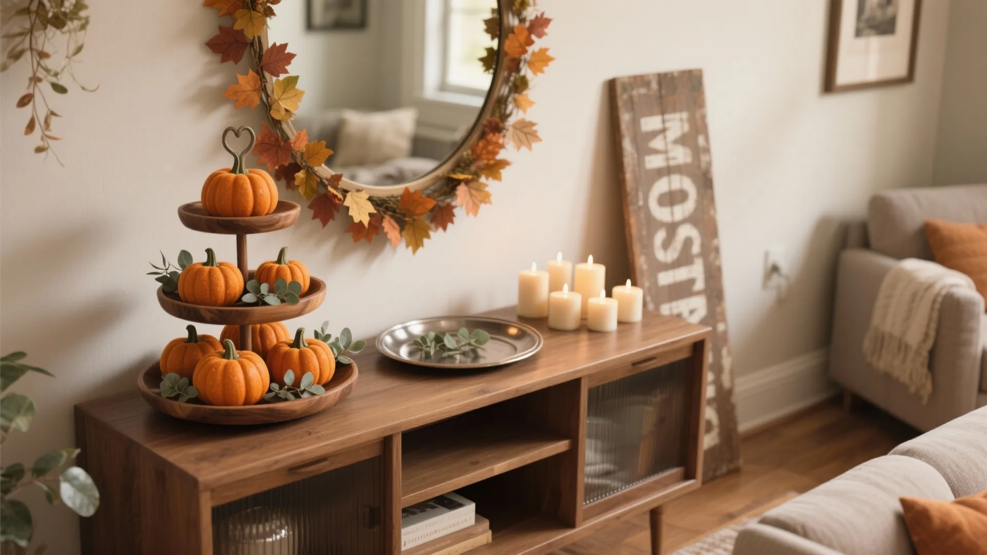 Wooden cabinet decorated with pumpkins lit candles autumn leaf wreath and mirror in living room