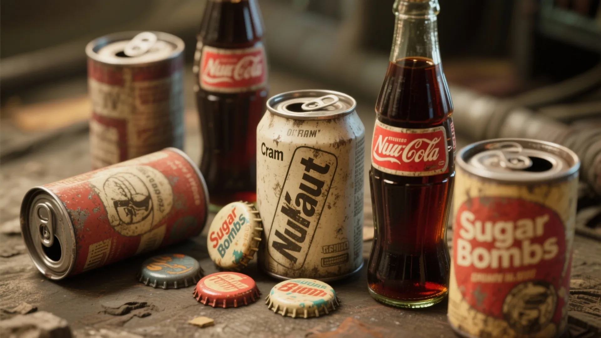Collection of old soda bottles and metal cans with caps on a dirty wooden table