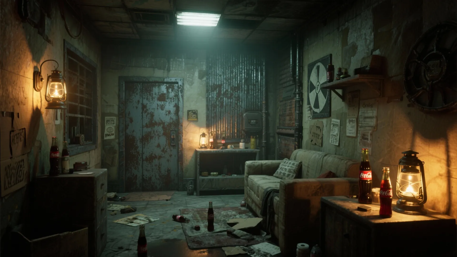 Rusty underground shelter with a beige sofa wall lights glass bottles and messy concrete floor