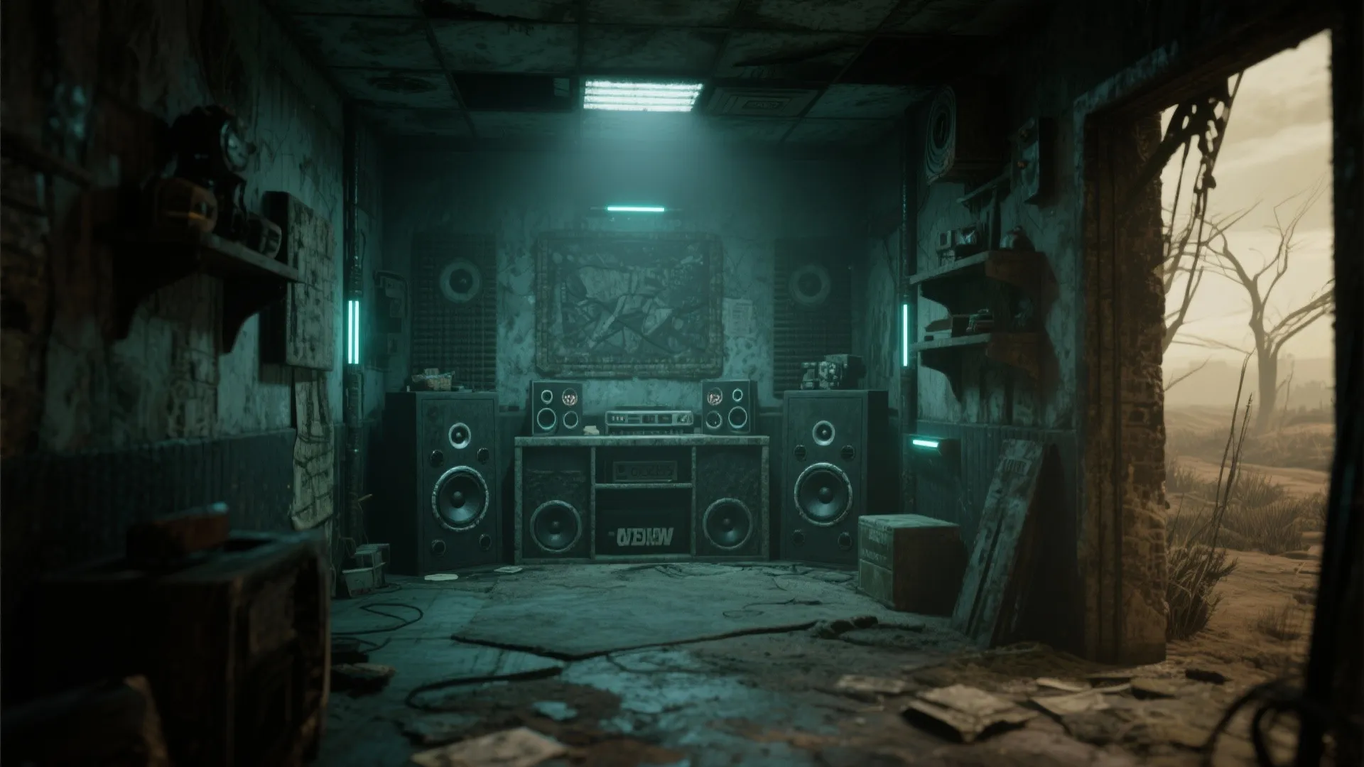 Dark underground room with large black speakers blue neon lights and shelves in concrete interior