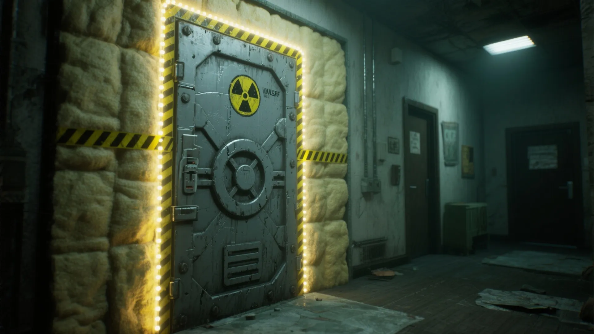Heavy metal vault door with radiation symbol surrounded by yellow caution tape and bright lights