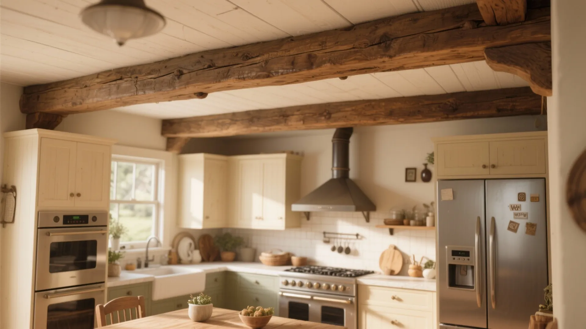 Kitchen chimney pipe hidden inside a rustic faux wooden beam