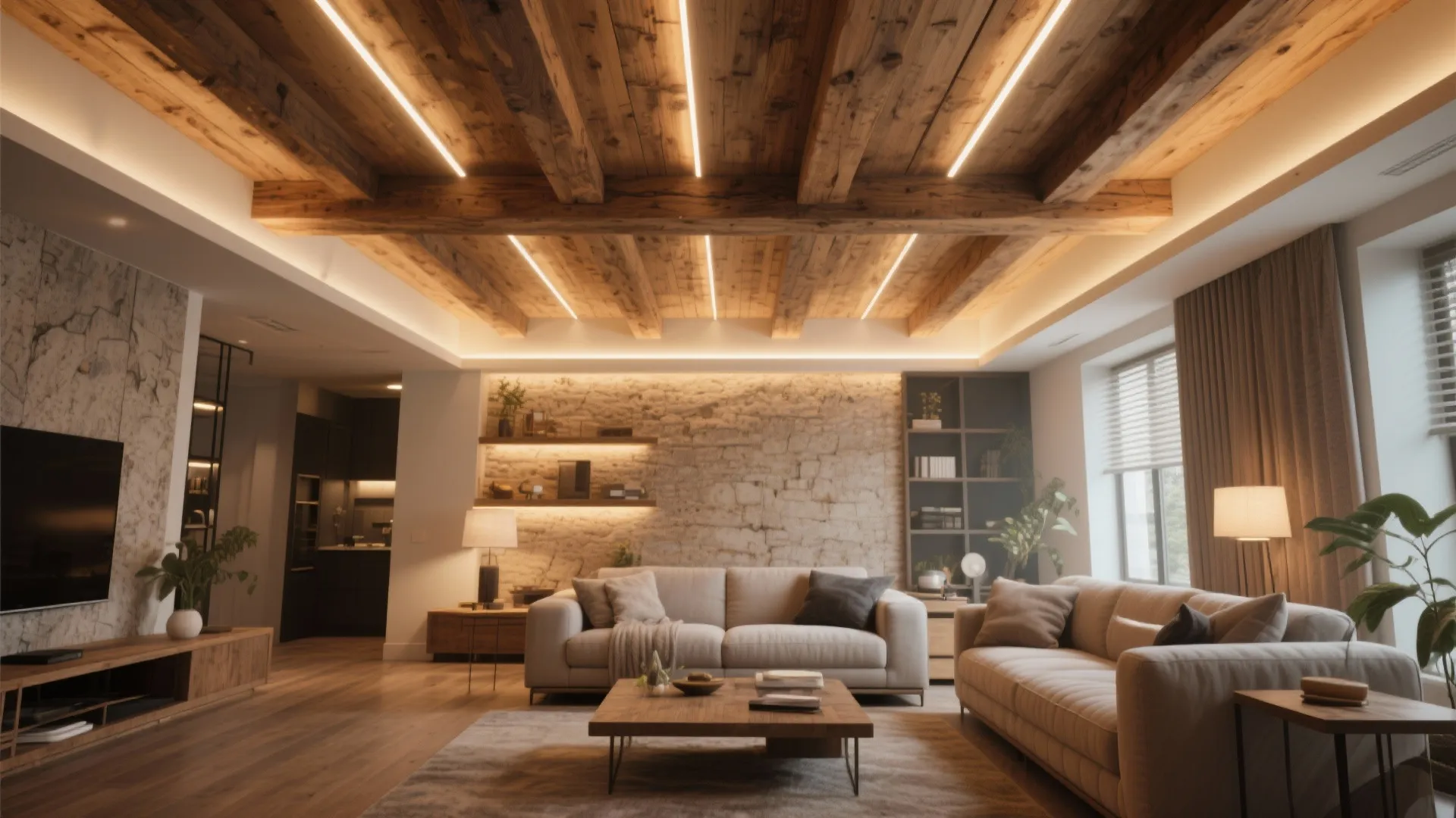 Living room with wooden beams and hidden LED lighting