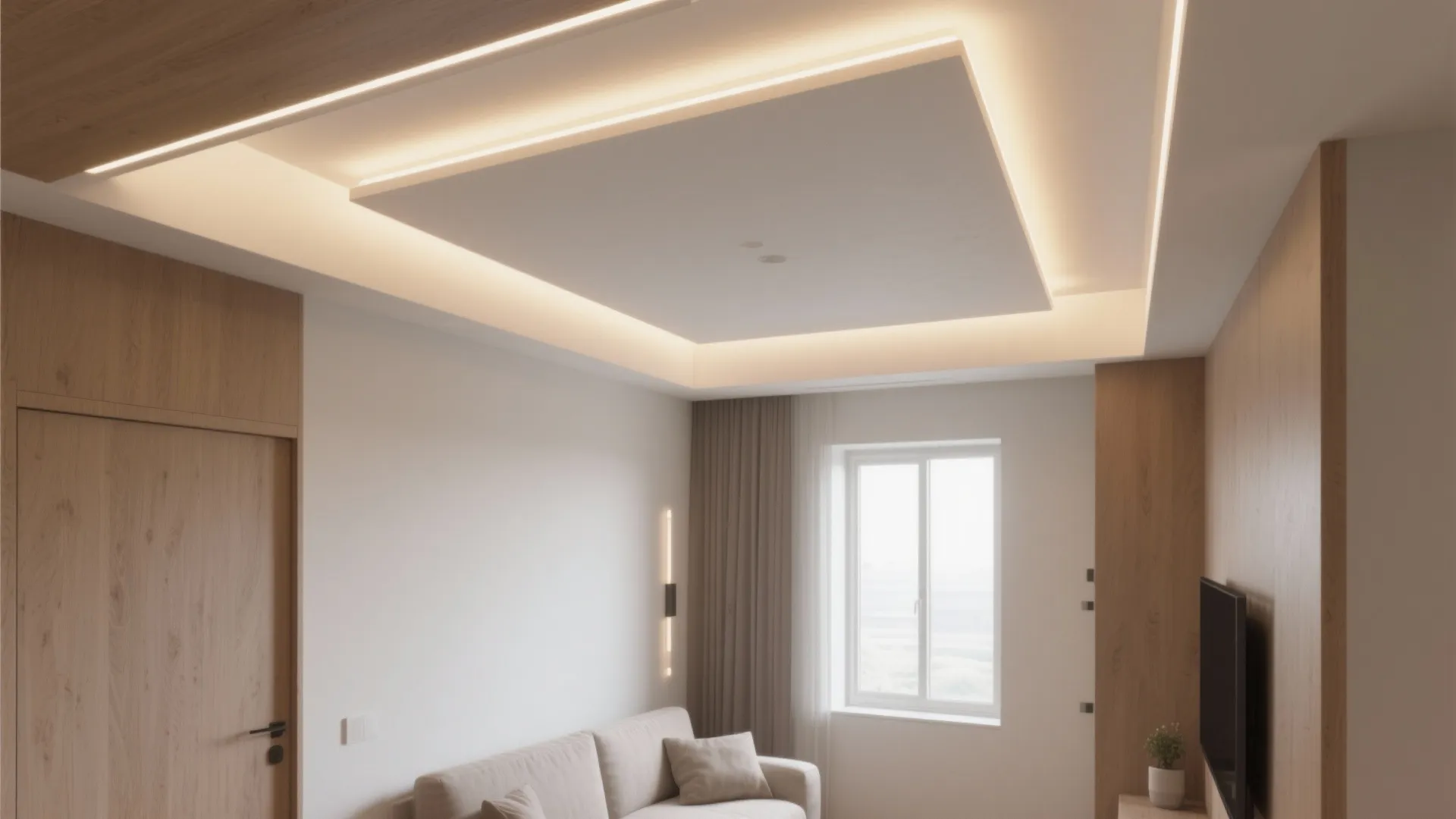 Bright living room showing recessed ceiling light design with wood wall panels and beige sofa furniture