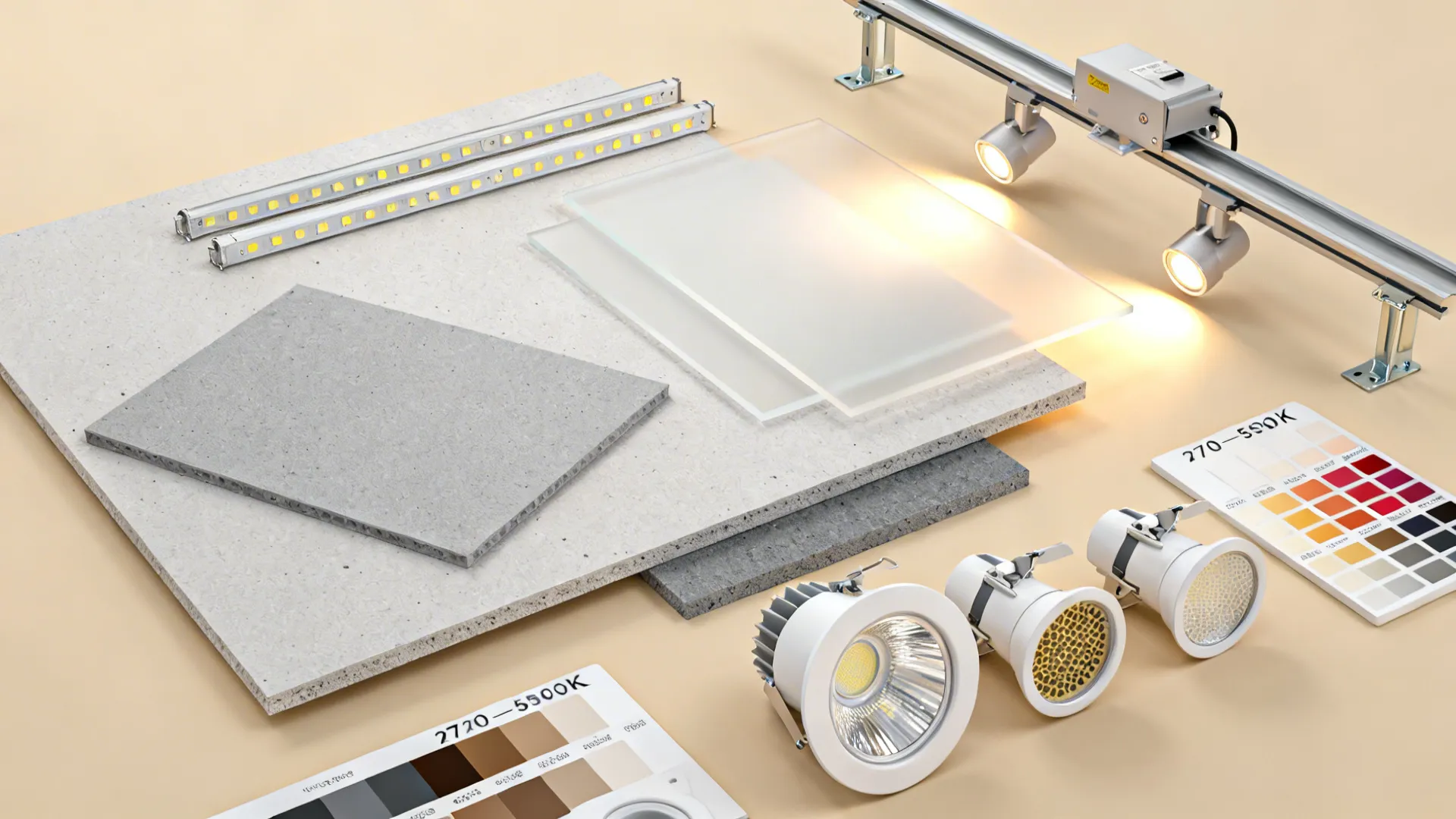 Flat lay of gypsum, framing, LED strips, diffusers, downlights, and track heads for small rooms.