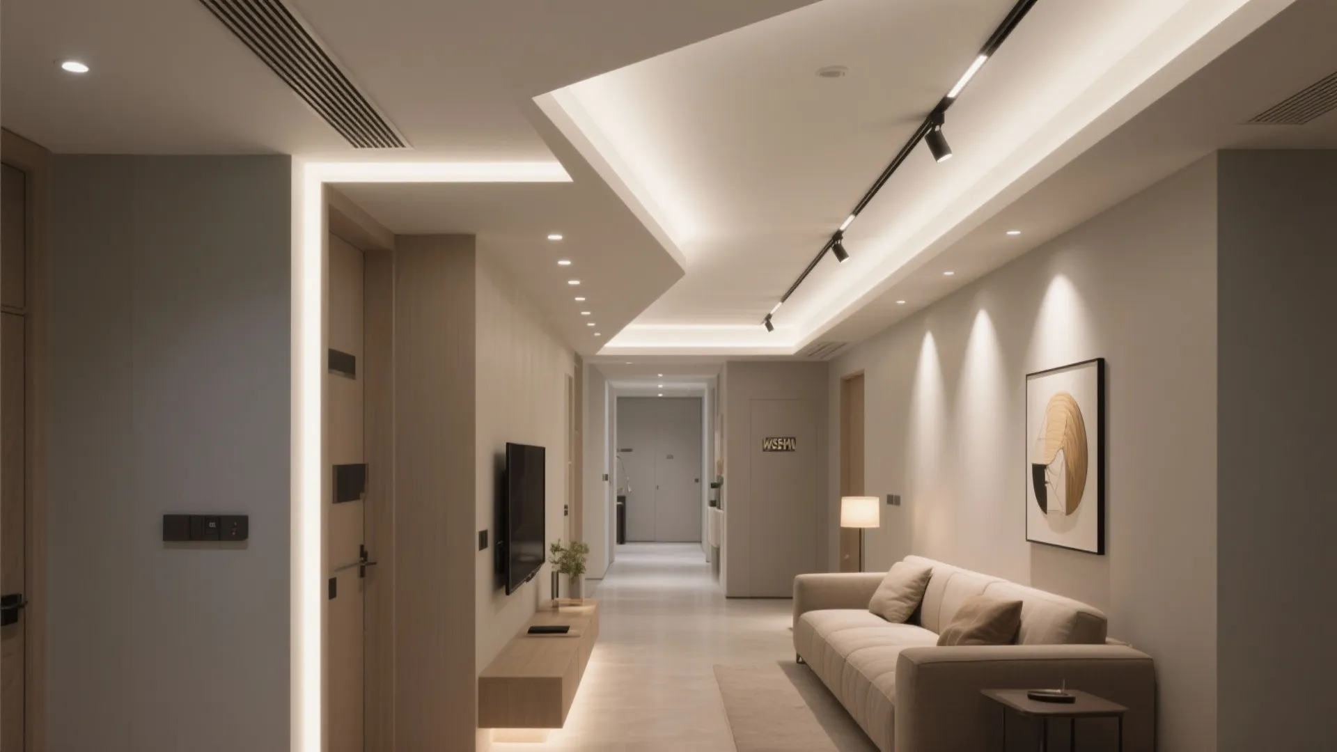 Sleek False Ceiling With Service Corridor
