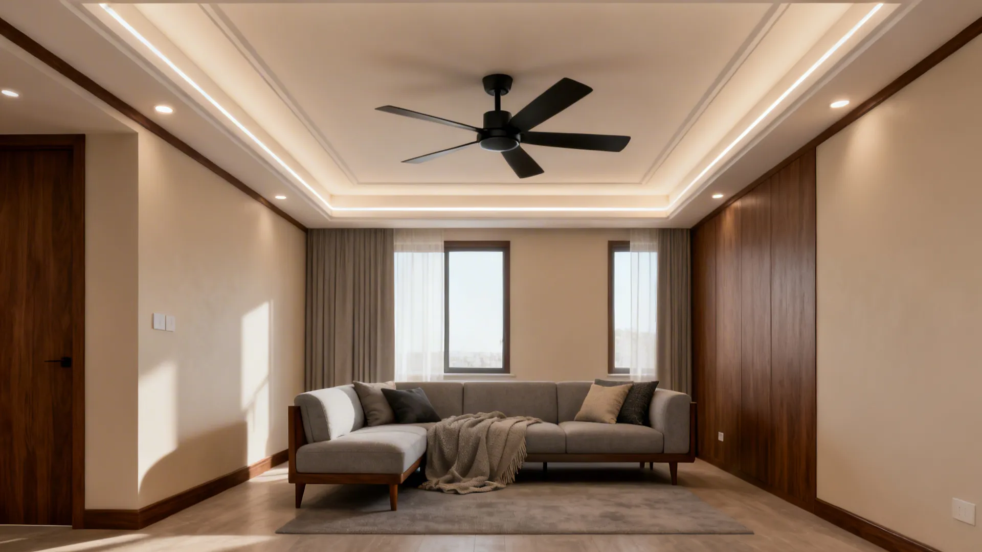 Living room featuring tray ceiling lights black ceiling fan wood wall panel and grey sofa