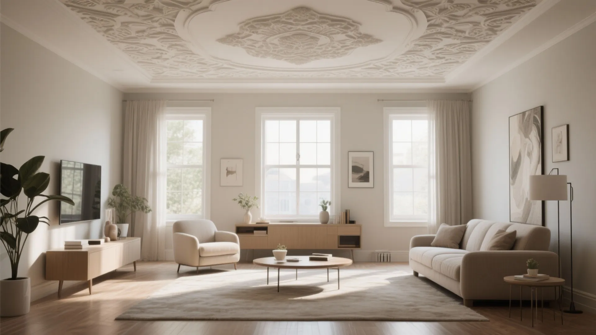 Bright living room featuring ornate white ceiling design, comfortable sofa, armchair, wooden cabinet, and windows