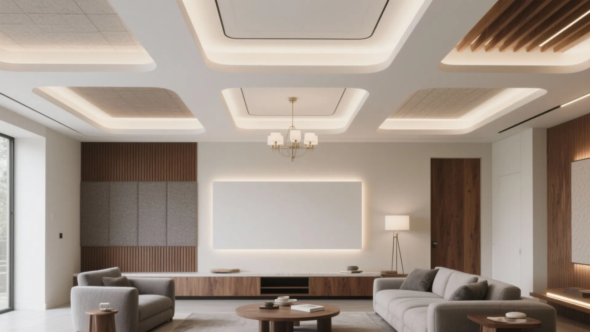 Spacious living room with a unique layered ceiling design wood wall panels and grey sofa