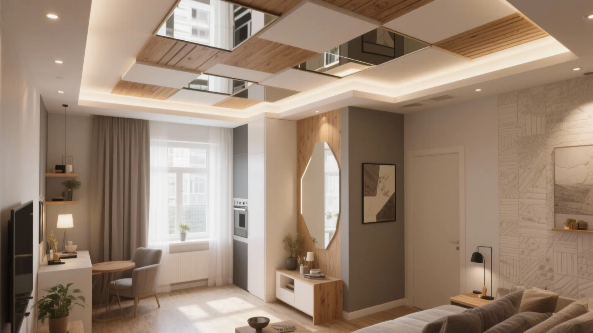 Modern living room featuring a creative ceiling design with wood panels mirrors and warm lighting