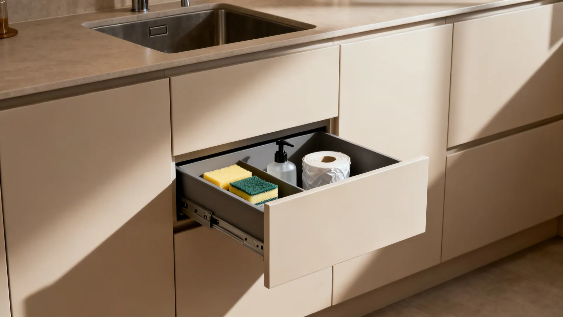 Shallow hidden compartment behind a false drawer front storing sponges and a soap pump.