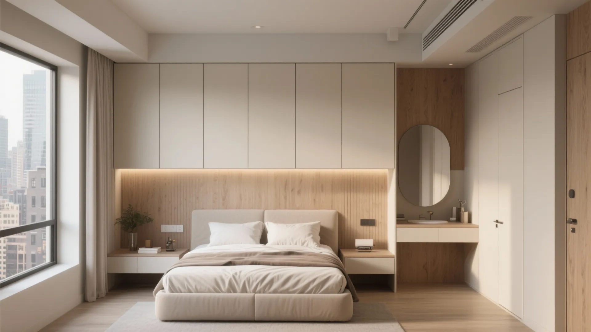 Minimalist bedroom with cream cabinets and wood wall panel behind a bed with large windows