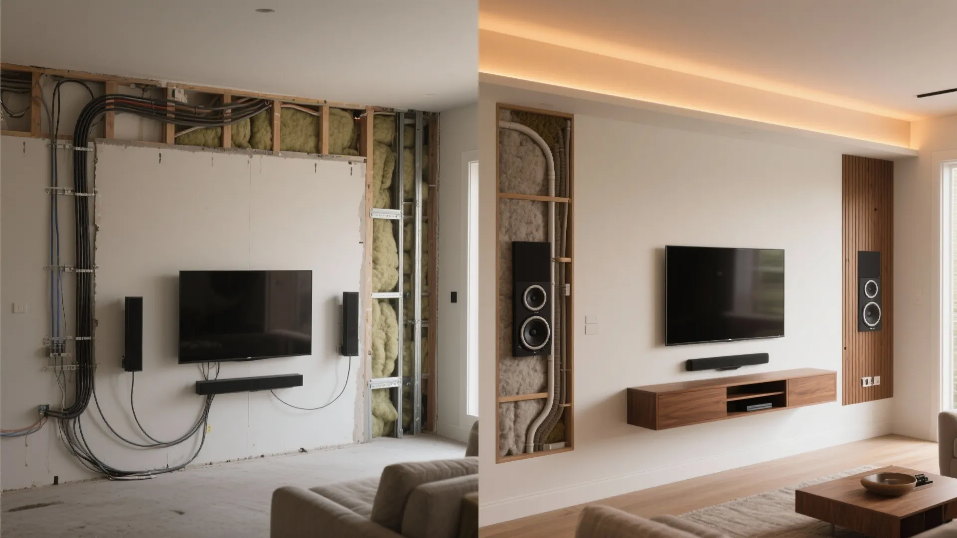 Before and after side by side comparison of a living room television wall hidden wire installation