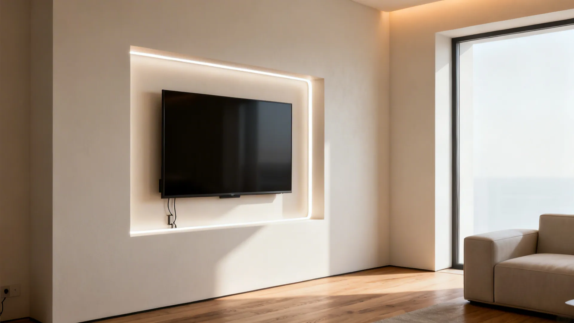 Living room with wall mounted TV inside a recessed wall niche featuring bright hidden led lighting