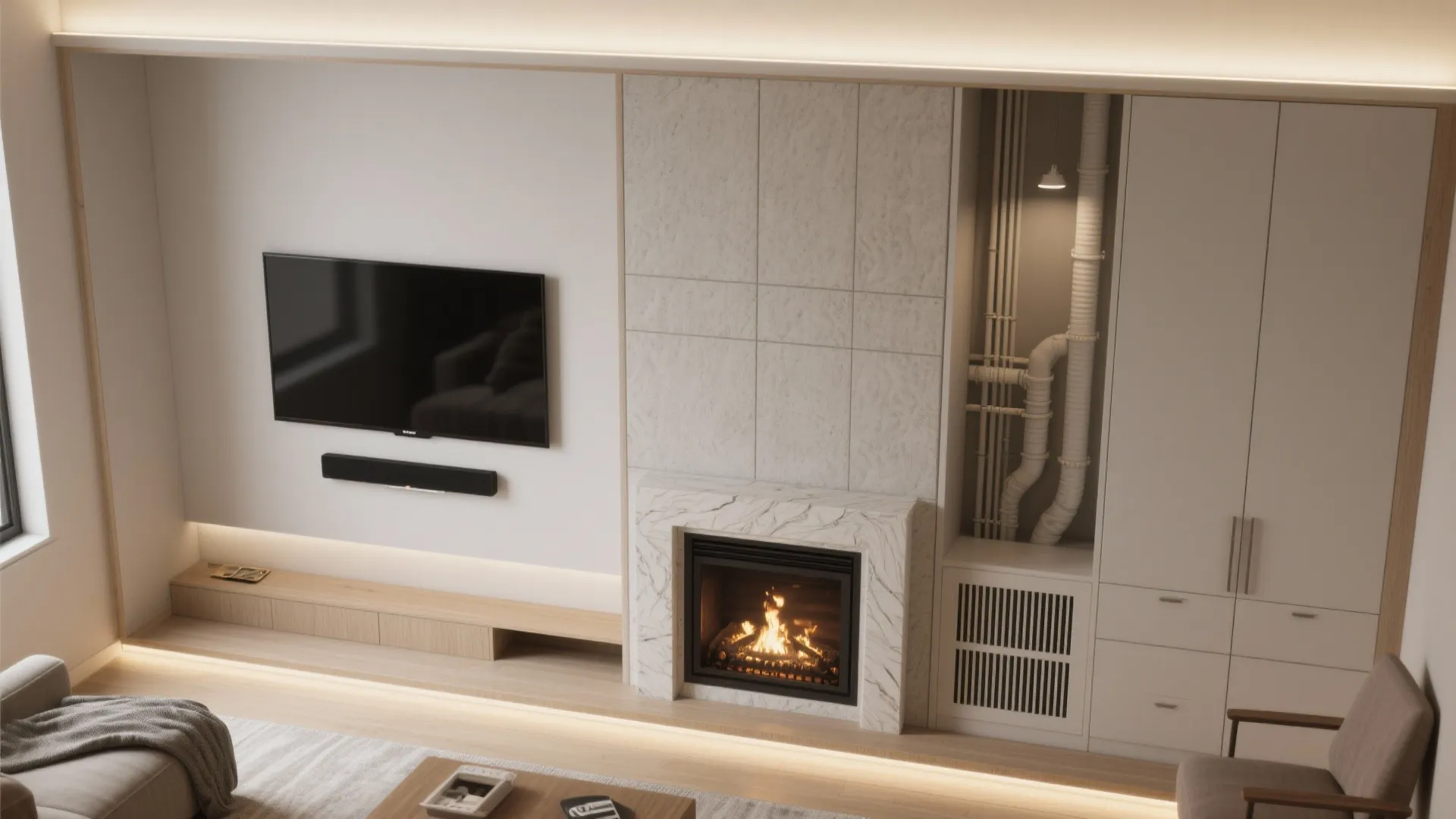 Compact fireplace–TV combo done safely