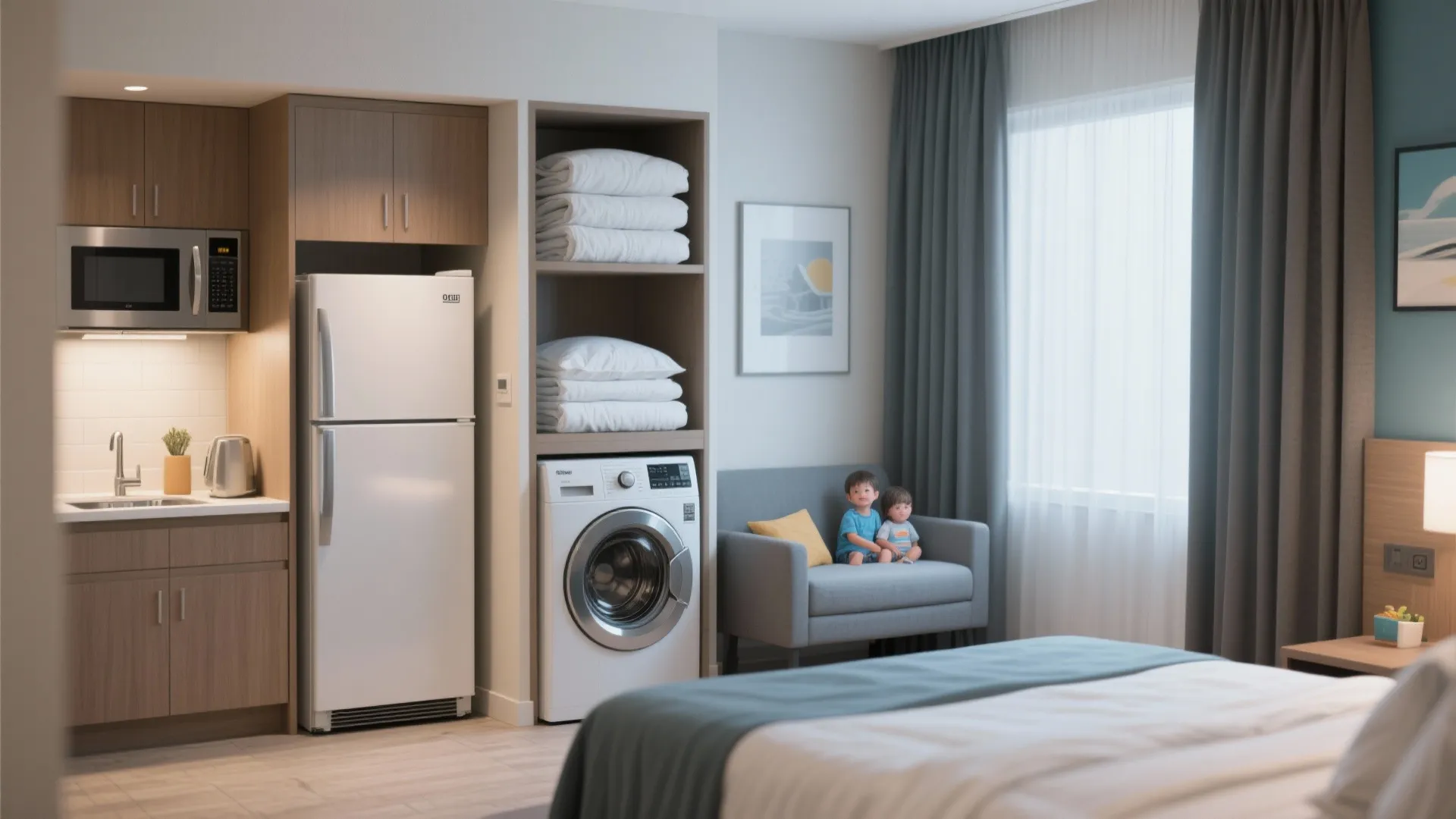 Kitchenette with mini-fridge and in-suite washer/dryer, folded extra bedding and blackout curtains.