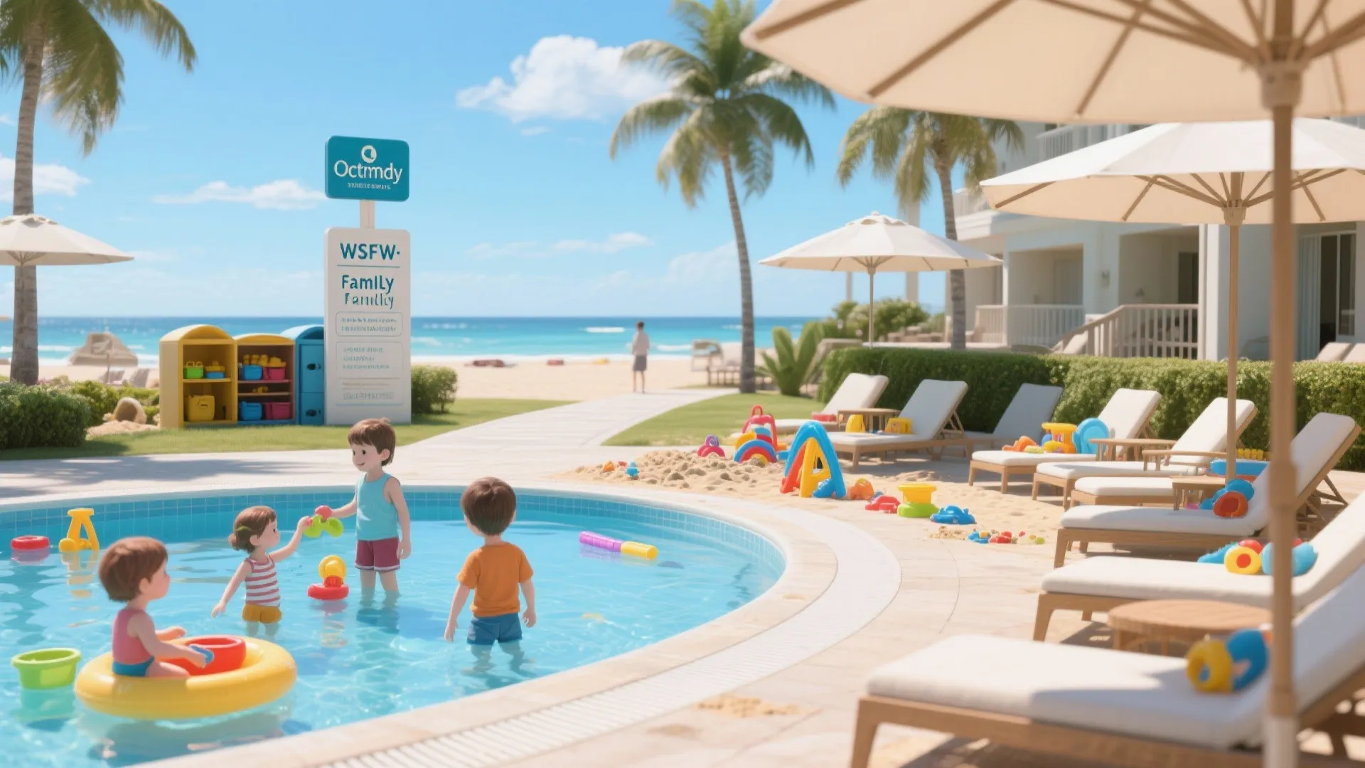 Children playing in blue swimming pool with toys at sunny beach resort under palm trees