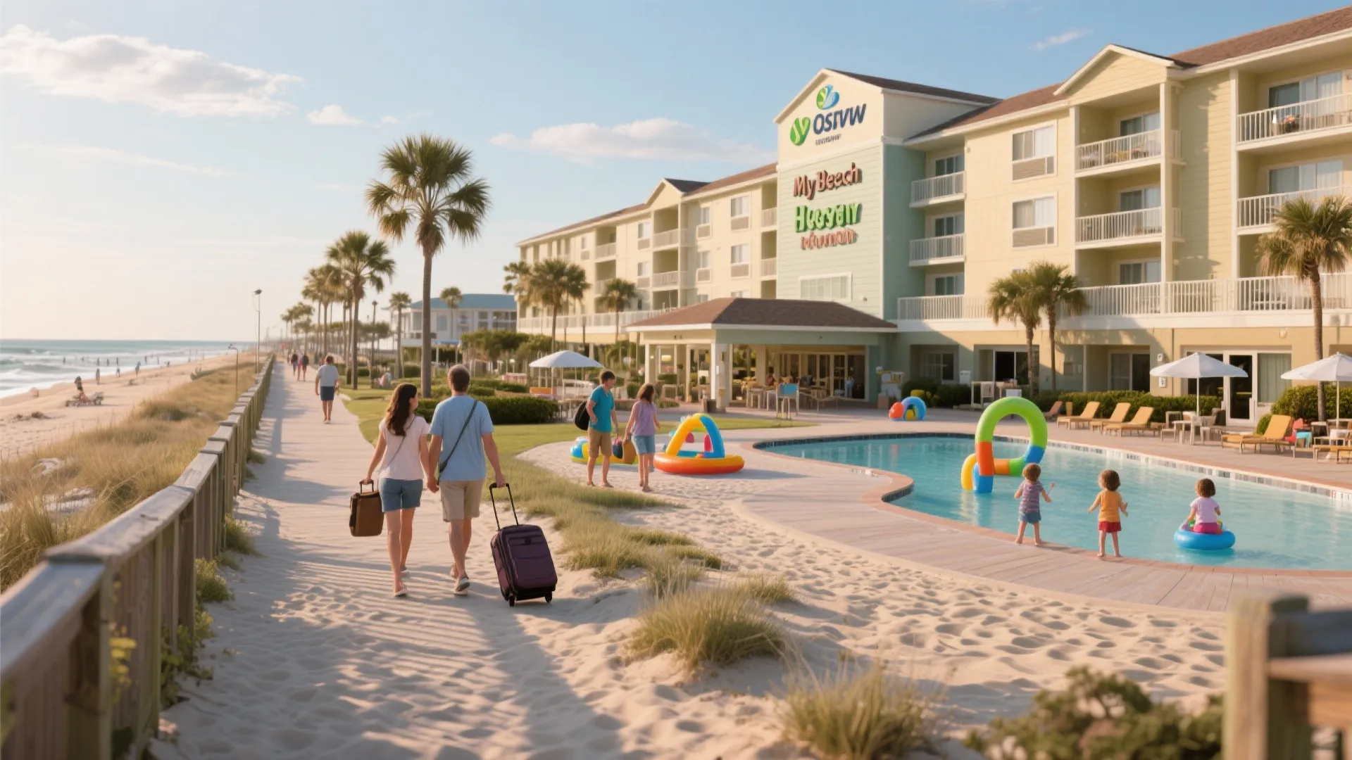 Hotel walkway to beach and kid-friendly pool showing family-friendly amenities near a Myrtle Beach suite
