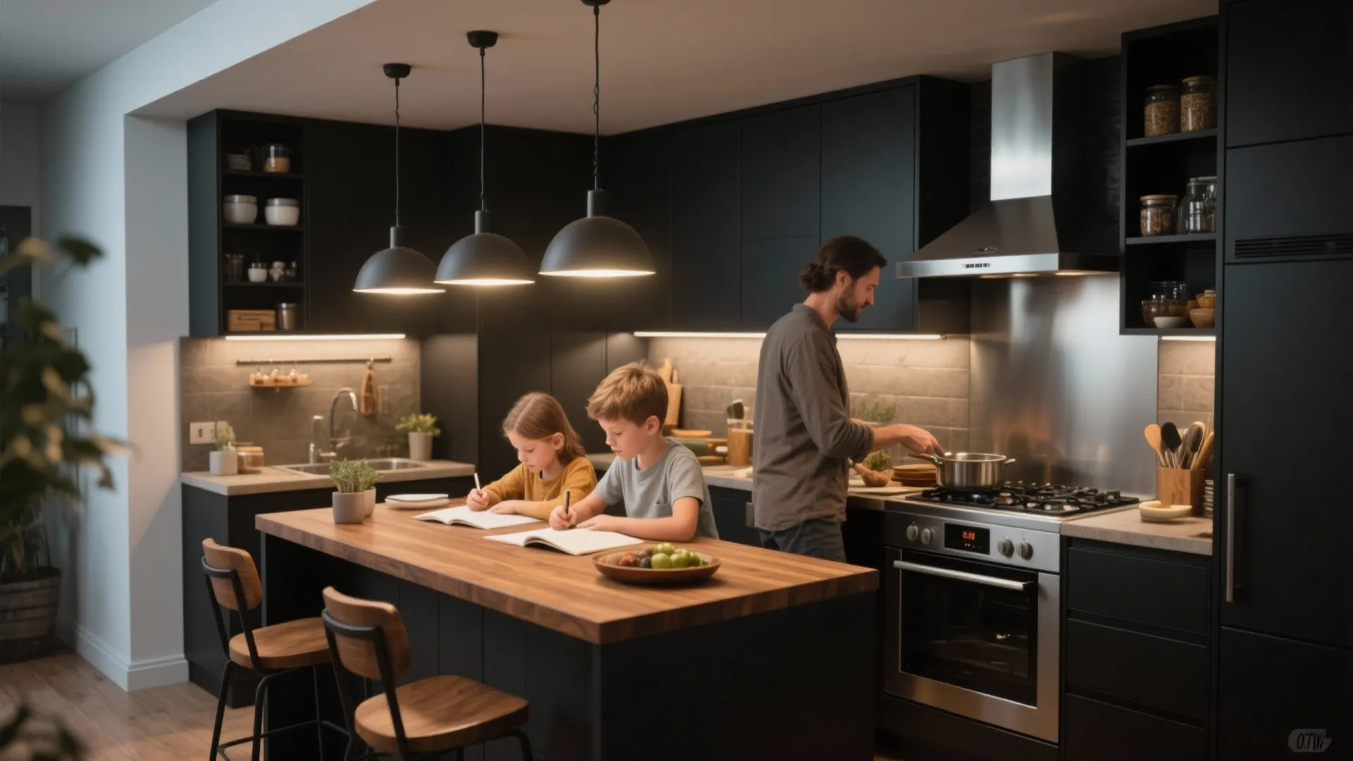 Father cooking in black kitchen while two children study at the wooden island breakfast bar