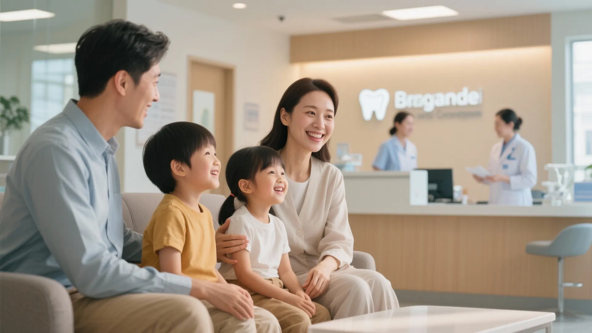 Happy family sitting in a dental office waiting area with doctors in the blurry background
