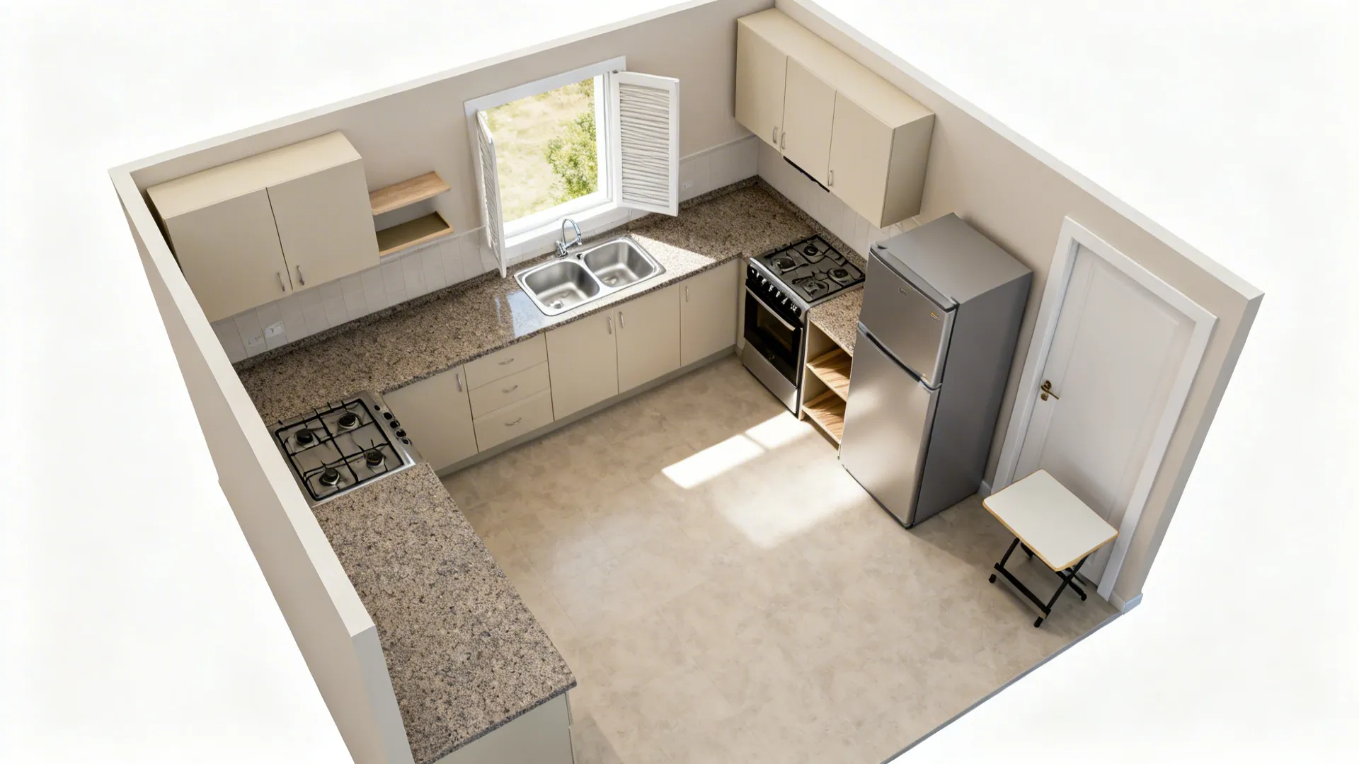 Top-down L-shaped kitchen plan with deep sink under window, hob offset, open ledge, and fold-down table.